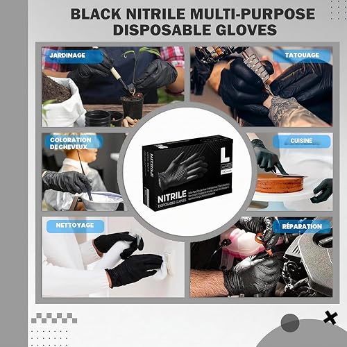 K-MART Gants jetables multi-usages en nitrile noir, non poudrés gant nitrile extra résistants - Boîte de 100 (noir, Large) - 7