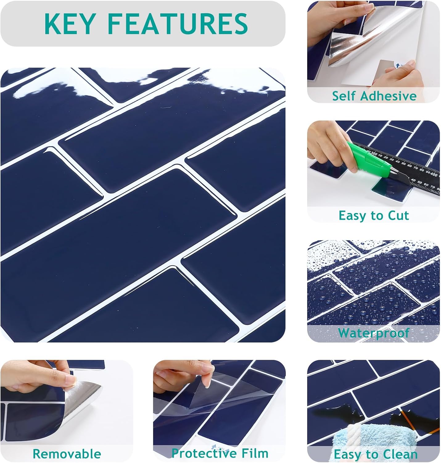 VEELIKE Navy Blue Subway Tile Backsplash Peel and Stick Backsplash for Kitchen Bathroom Renters 12 Sheets Stick on Backsplash Tiles Self Adhesive Waterproof Blue Ceramic Wall Tile Stickers 12''x12''