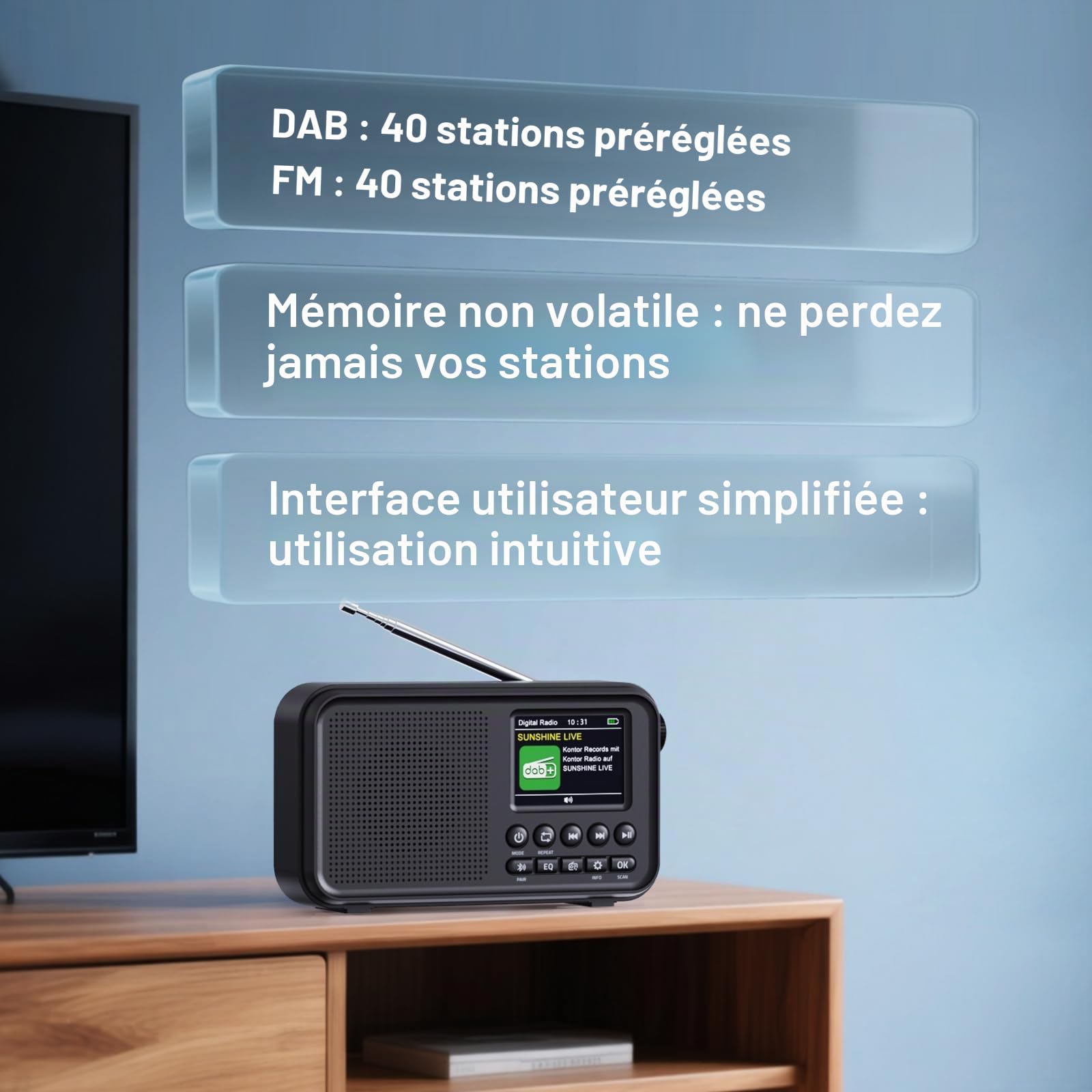 ROCAM Radio Portable Dab/Dab+/FM avec Bluetooth 5.0 & 3000mAh Batterie | 2,4" Écran Couleur Réveil Radio Rechargeable avec Deux Alarmes, 40 Dab/FM Stations Préréglées,12 Langues,TF Carte Emplacement