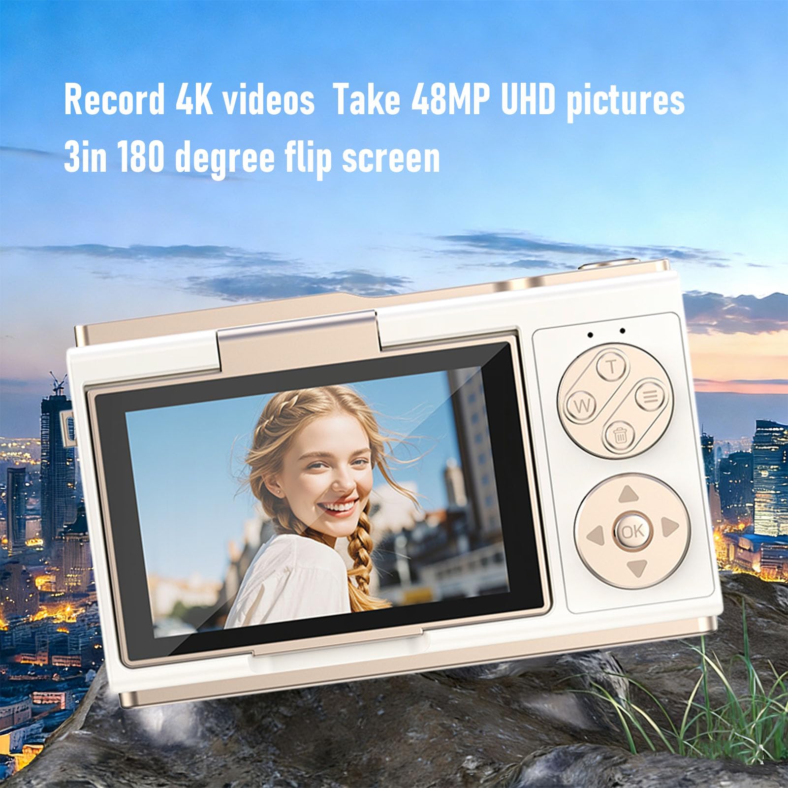 Fotocamera Digitale, Schermo Ribaltabile da 3 Pollici a 180 Gradi e Fotocamera per Vlogging 4K con Zoom 18x, Punta e Scatta Digitale Compatta da 48 MP, per Viaggi e Principianti (Bianca)