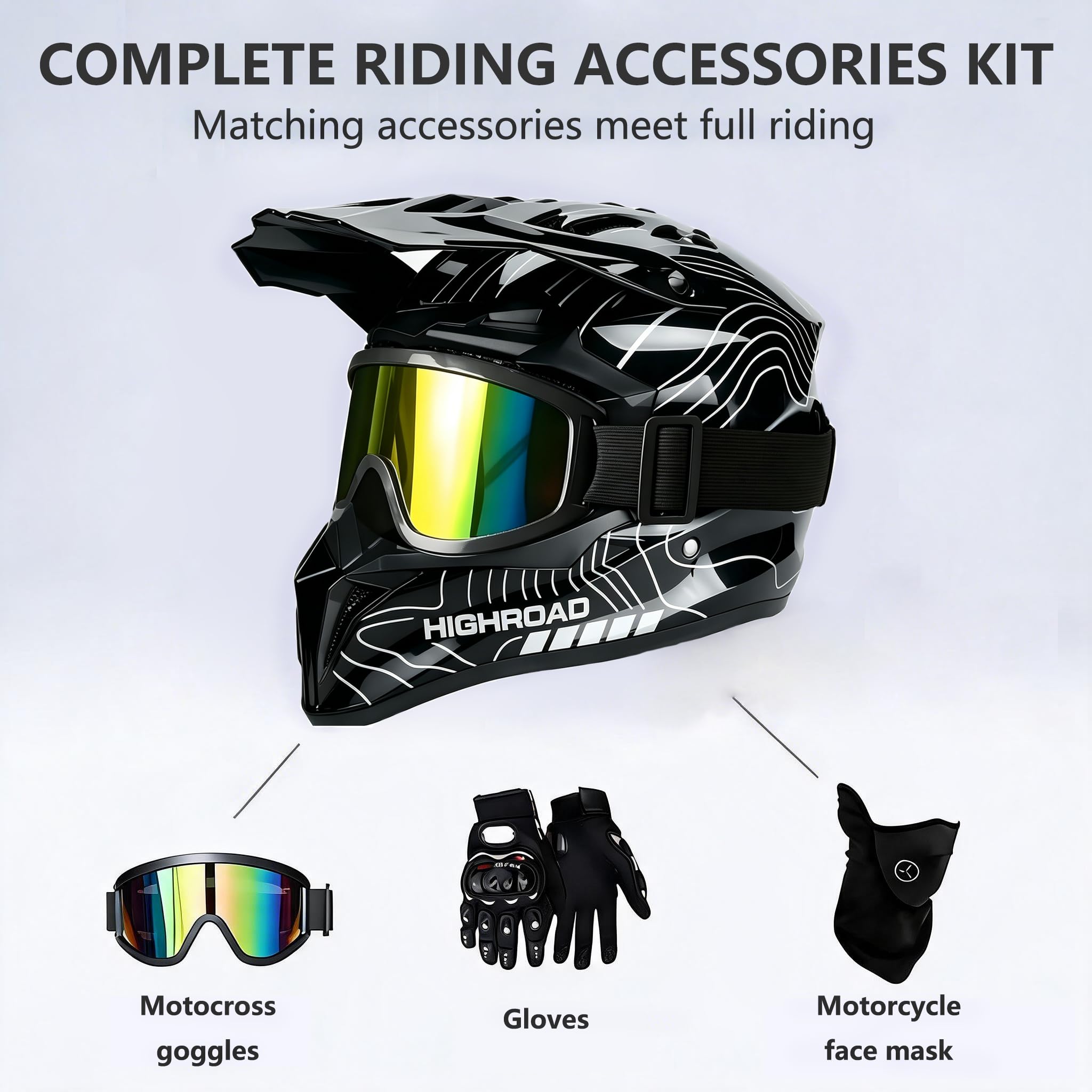 Casco Motocross, Casco Moto Cross Integrale con Occhiali, Guanti e Maschera