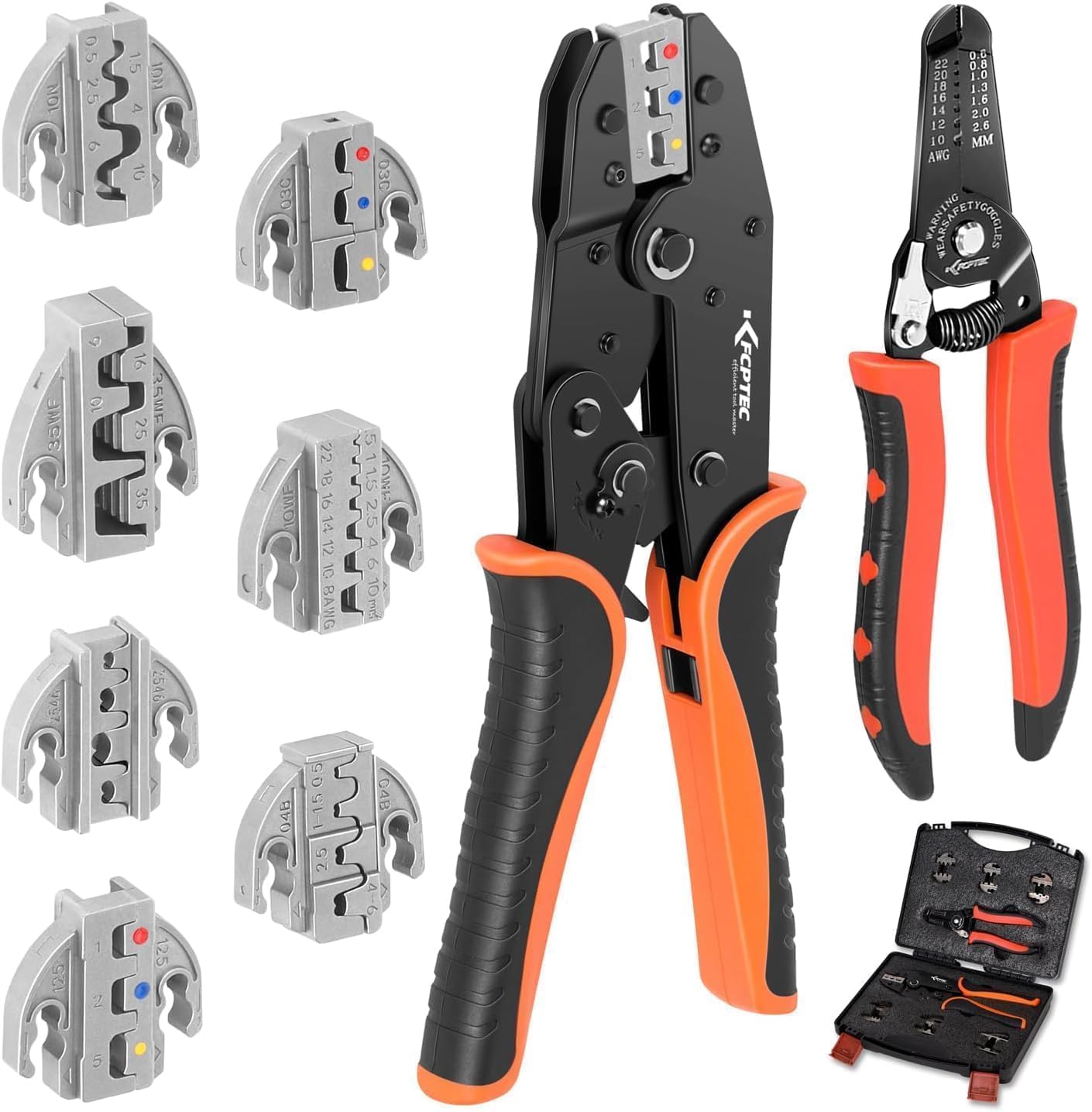 KF CPTEC Heavy Duty Crimping Tool Set, 9PCS Ratcheting Wire Crimper with Interchangeable Jaws, AWG 22-2 (0.5–35mm²), for Ferrules, Heat Shrink, Open Barrel, Insulated & Non-Insulated Terminals, Solar