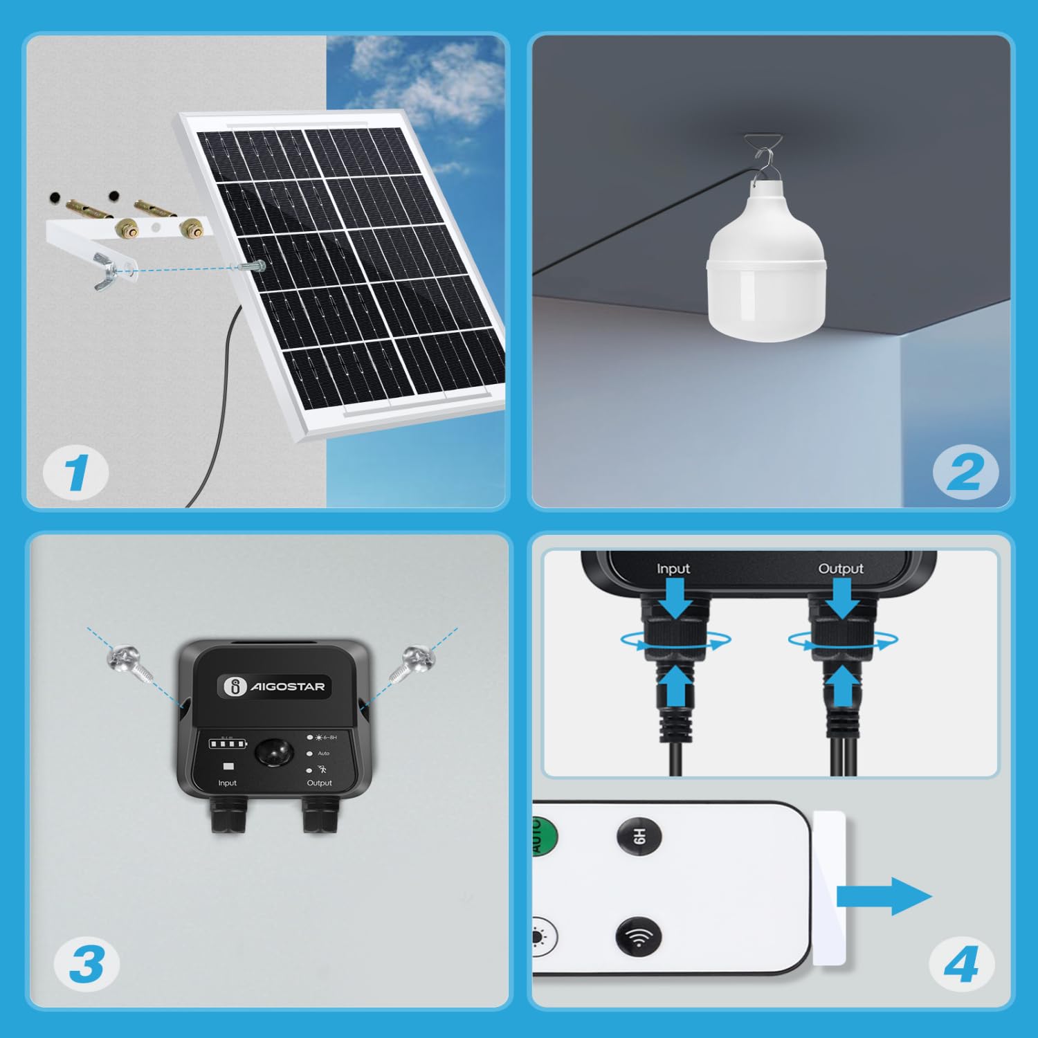 Aigostar- Luz Solar Exterior con Sensor 70W, Lámpara Solar Exterior con Mando a Distancia y Caja de Almacenamiento de Energía, Cable de 11M, IP65 Impermeable, para Interior, Jardín, Camping, Pesca