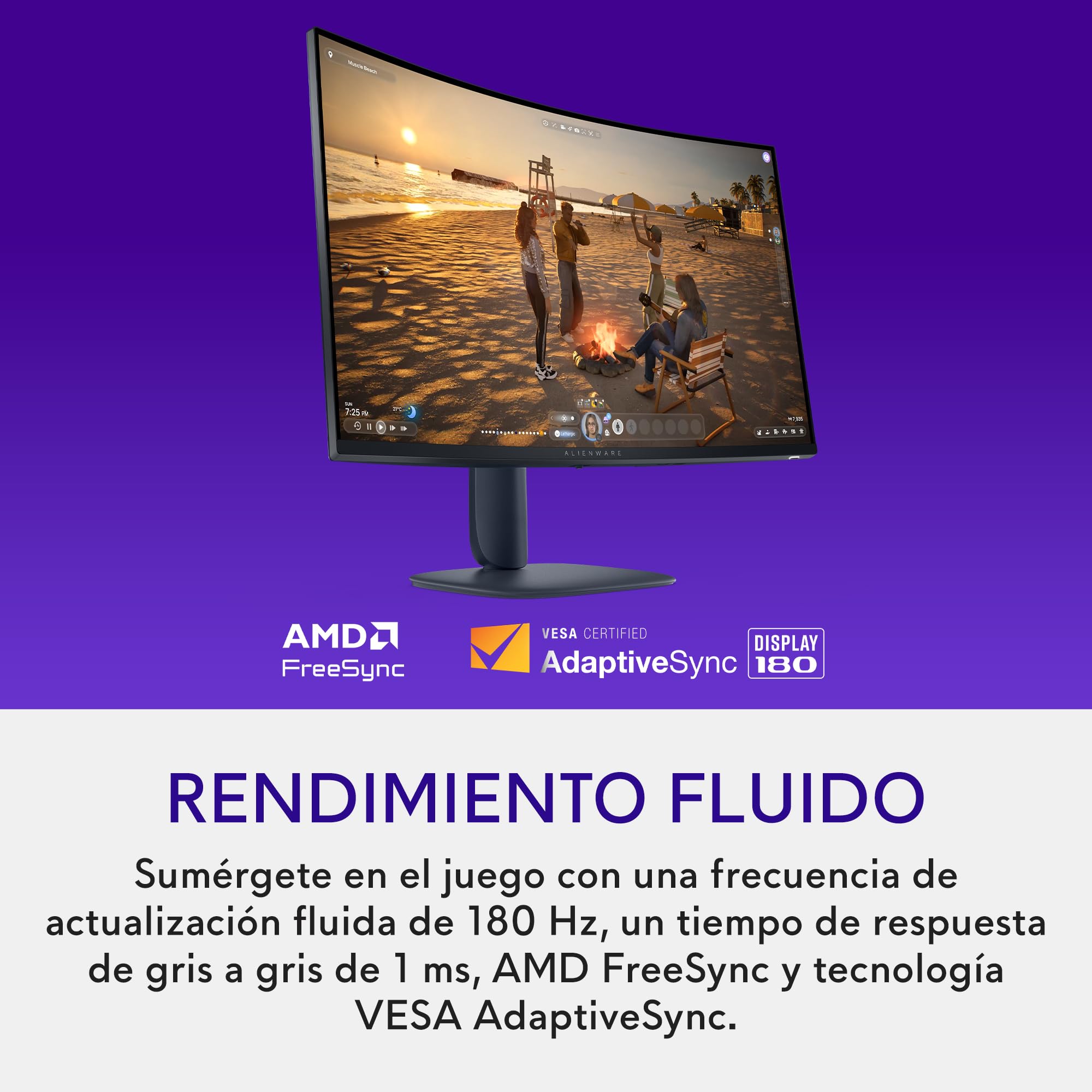 Alienware 32 Monitor Gaming - AW3225DM, QHD (2560x1440), 1500R Curvo, 180Hz, VA, 1ms, AMD FreeSync, VESA AdaptiveSync, 95% DCI-P3, HDR400, DisplayPort, 2 HDMI, 3 USB,