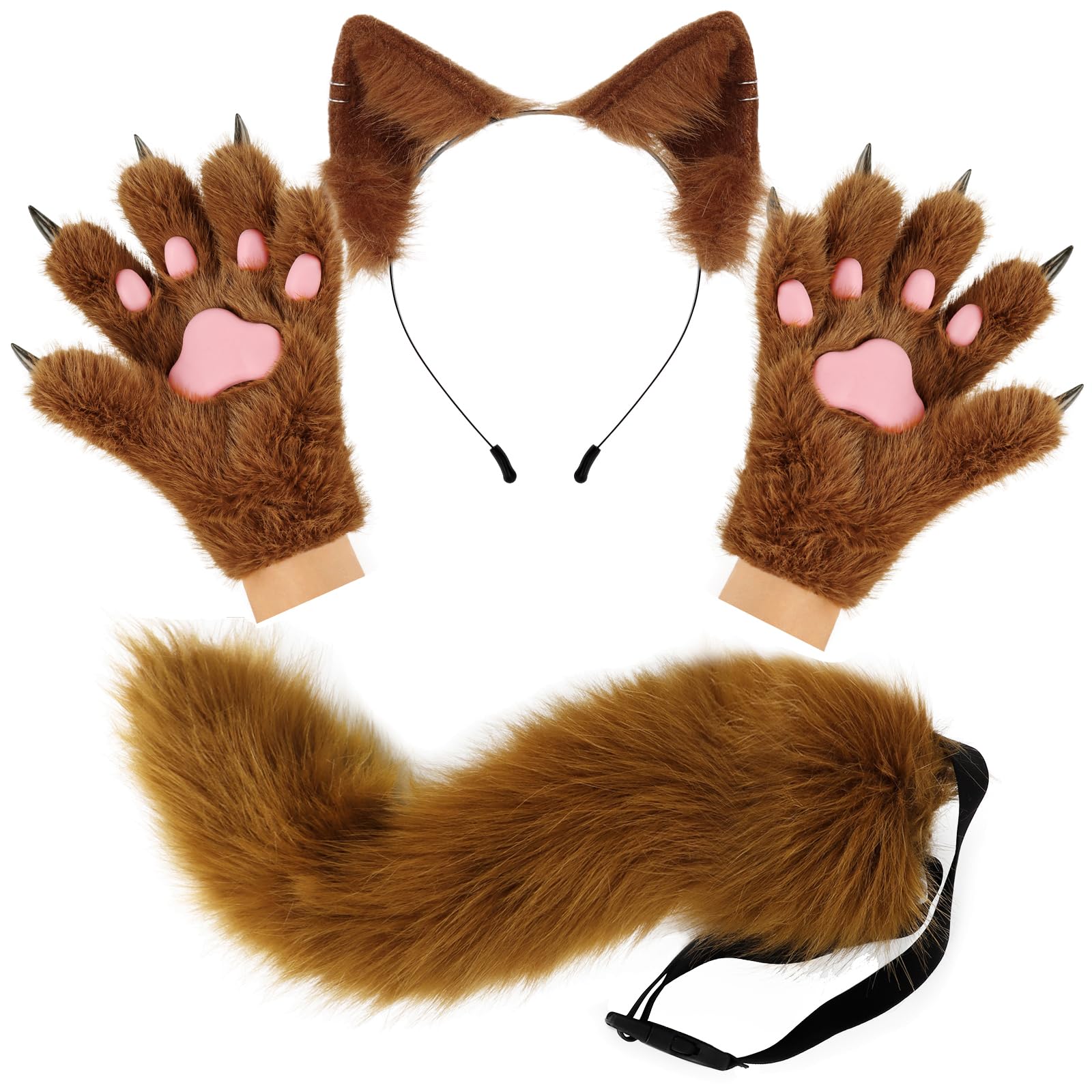 Flauschige Ohren Schwanz und Katzenpfoten Handschuhe Set Kostümzubehör für Halloween Weihnachten Karneval und Partys