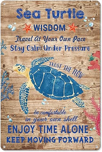 Wisdom of Sea Turtle - Letrero de hojalata, decoración de pared de tortuga marina, duradero, 12 x 8 pulgadas, rústico y fácil instalación, ideal