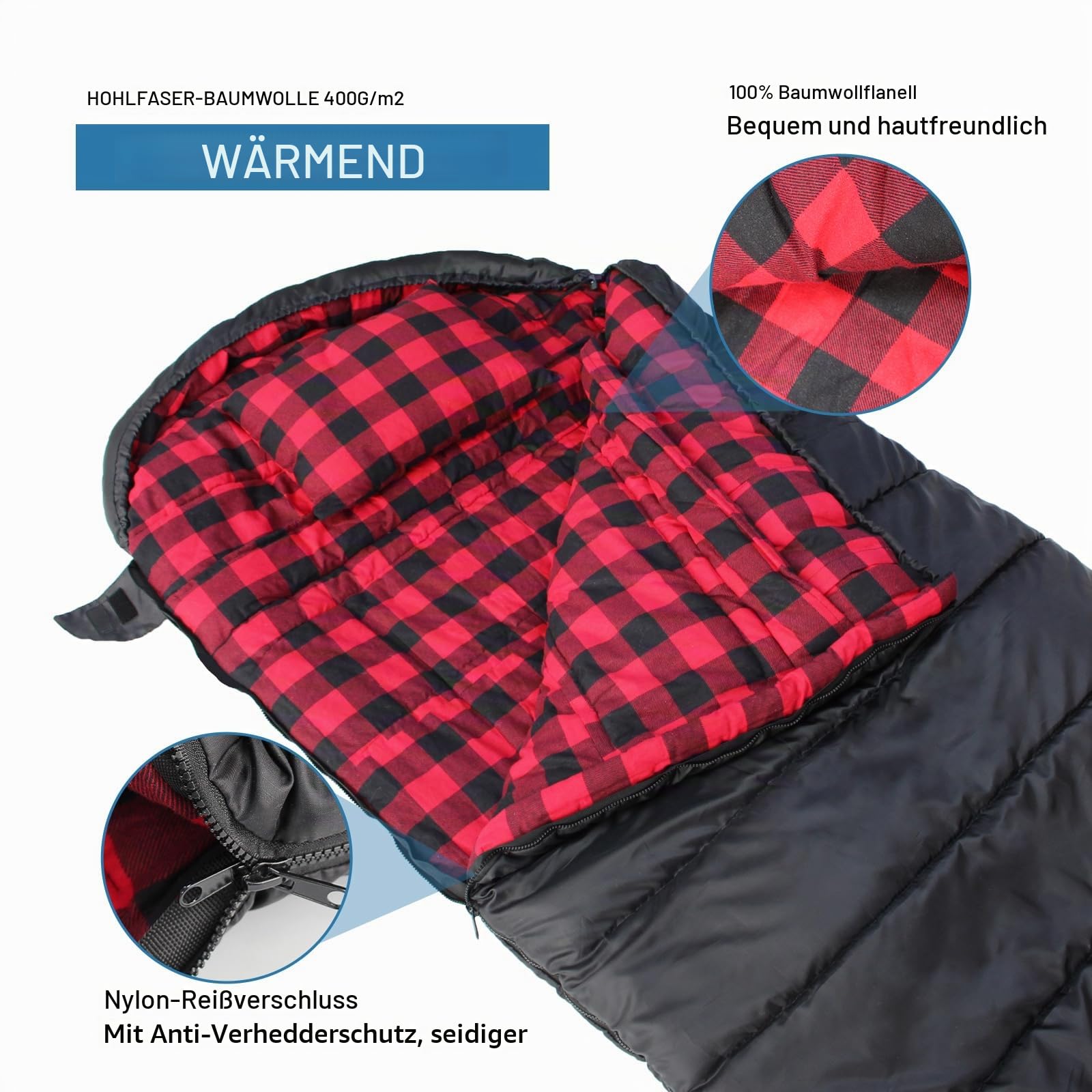 Keencamp Schlafsack Outdoor Flanell Warmer 3-4 Jahreszeiten Baumwolle Innenfutter bis -1°C XXL Deckenschlafsack Tragbar Leicht Winter Schlafsack Camping für Erwachsenen 230x90 cm