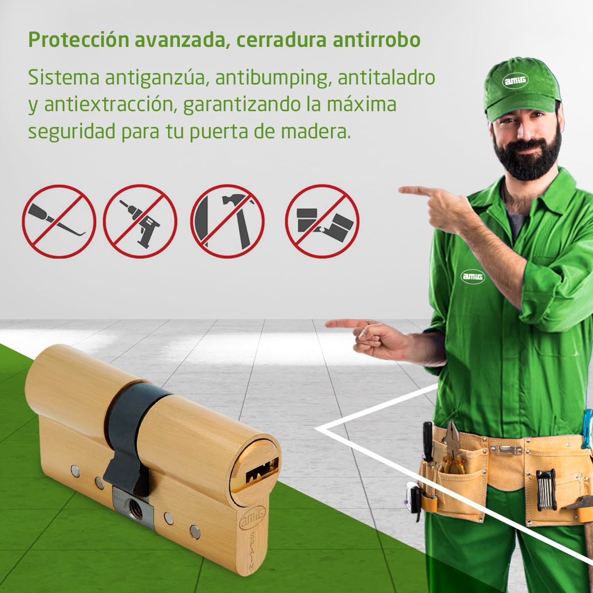 Amig - Cilindro de seguridad - Cerradura para puertas - Antiganzúa y Antibumping - Bombín Antiextracción y Antirotura - Incluye 5 llaves - Dorado mate - Medidas: 70 (30-40) mm