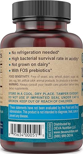 Miniatura 3 de DEVA Suplemento probiótico vegano con prebióticos FOS  2 mil millones de UFC con 100 mg de prebióticos por porción para hombres y mujeres  Sin