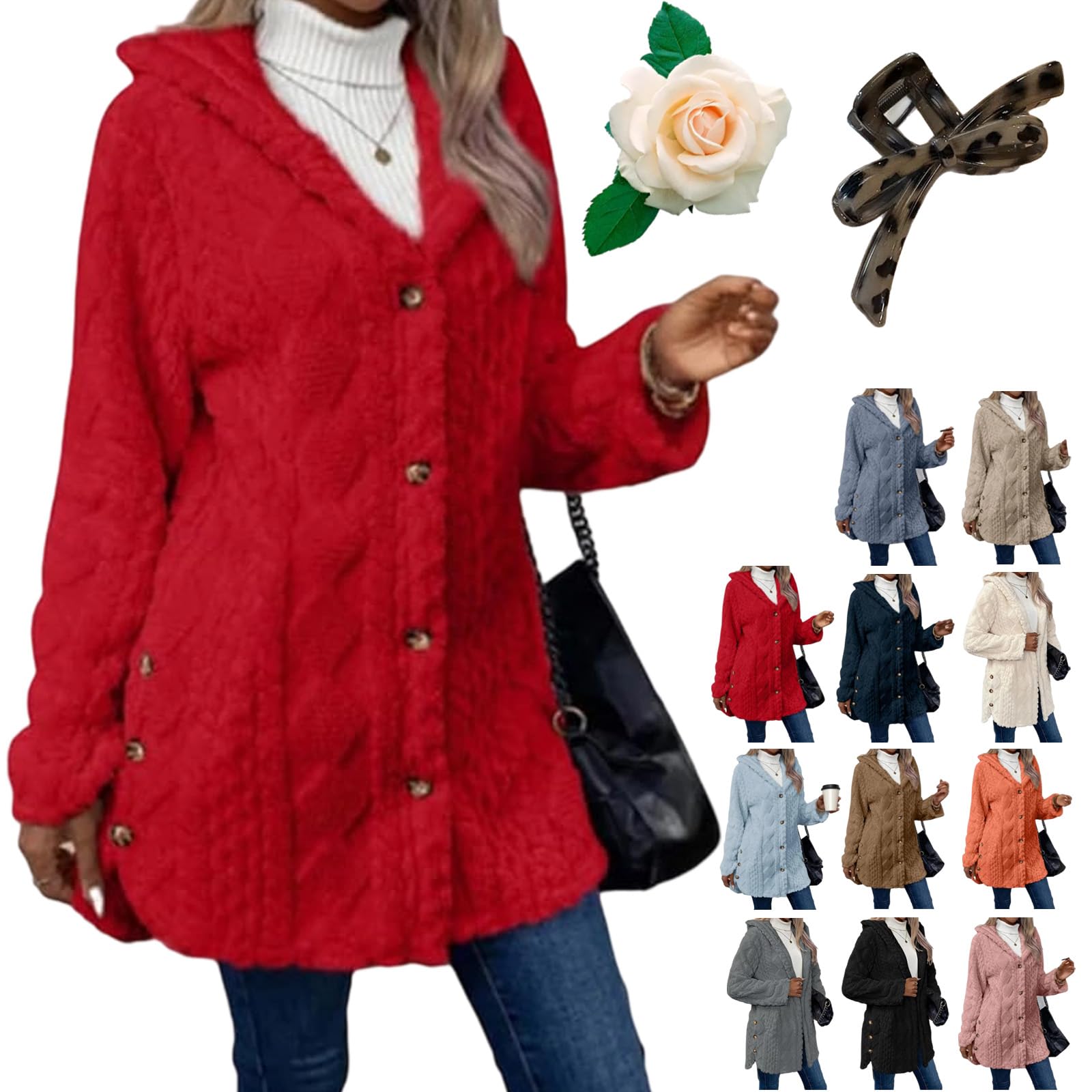 Womens Fall Winter Warm Fashion Hooded Cardigan Long Sleeve Coat Jacquard Fuzzy Outerwear for Casual Daily Wear