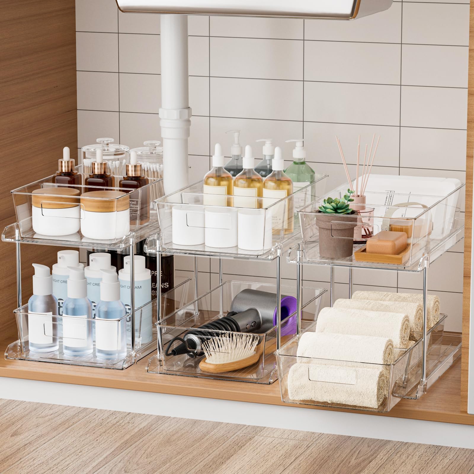 Fabspace Pull-out Home Organizer, 3 Pack 2 Tier Clear Bathroom Organizer with Dividers, Multipurpose Vanity Counter Tray, Kitchen, Closet Organizers, Cabinet & Storage Container Bins