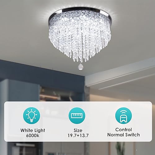 Miniatura 5 de Candelabro de cristal de 19.7 pulgadas, moderno LED, lámparas de techo de cristal para dormitorios, sala de estar, comedor, blanco frío