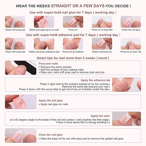 Miniatura 60 de 24 uñas postizas cuadradas medianas con punta francesa a presión, pegamento brillante en las uñas, uñas postizas de cobertura completa con diamantes