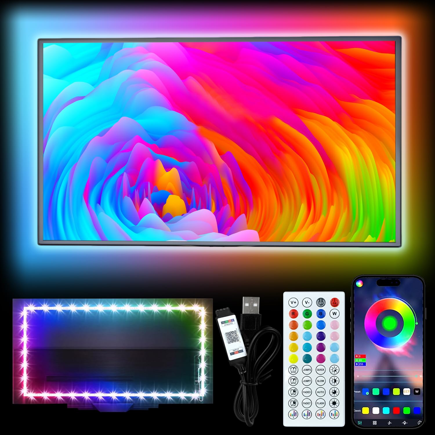 Hexjosgl White Led Light For Tv, 16.4Ft Led Strip Light For 50-75 Inch Tv, Rgb Tv Backlight Behind, Music Sync Bluetooth App & Remote Control, 5V Usb Powered Strip Light For Living Room/Bedroom