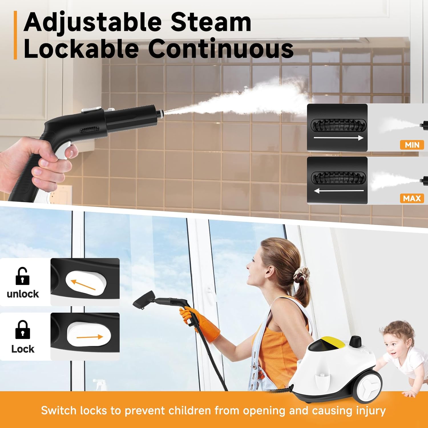 Steam Cleaner, with 27 Accessories, 2100W Portable Household Steamer, with 2.1L Tank and 6M Extra-Long Power Cord for Floor Cleaning,Tile, Carpet, Furniture, Upholstery, Grout, Kitchen, Car (white)