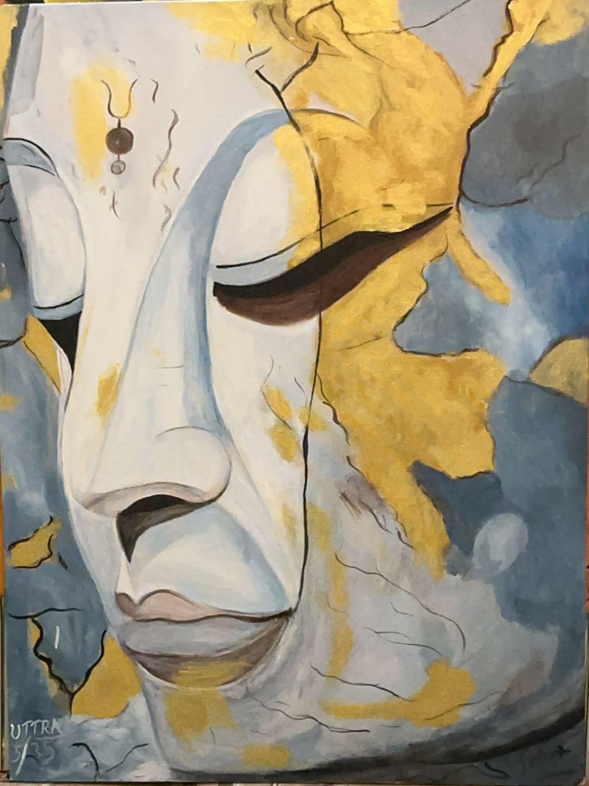 UTTRA Modern Buddha Abstract Painting, Blue and Gold, 2x3 Feet