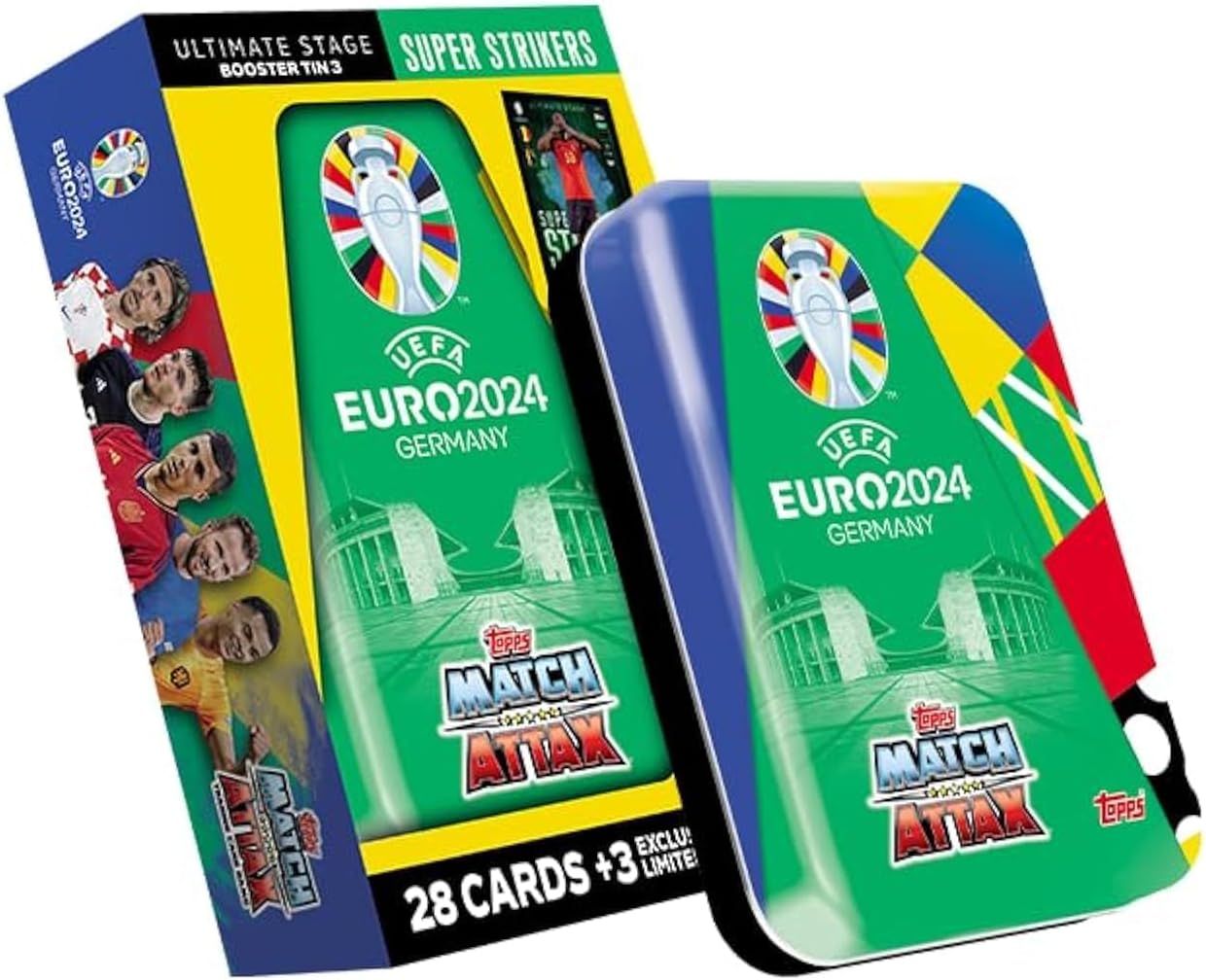 Topps Official Euro 2024 Match Attax - Booster Tin - Super Strikers - contains 28 EURO 2024 Match Attax cards plus 3 exclusive Super Strikers Limited Edition cards!