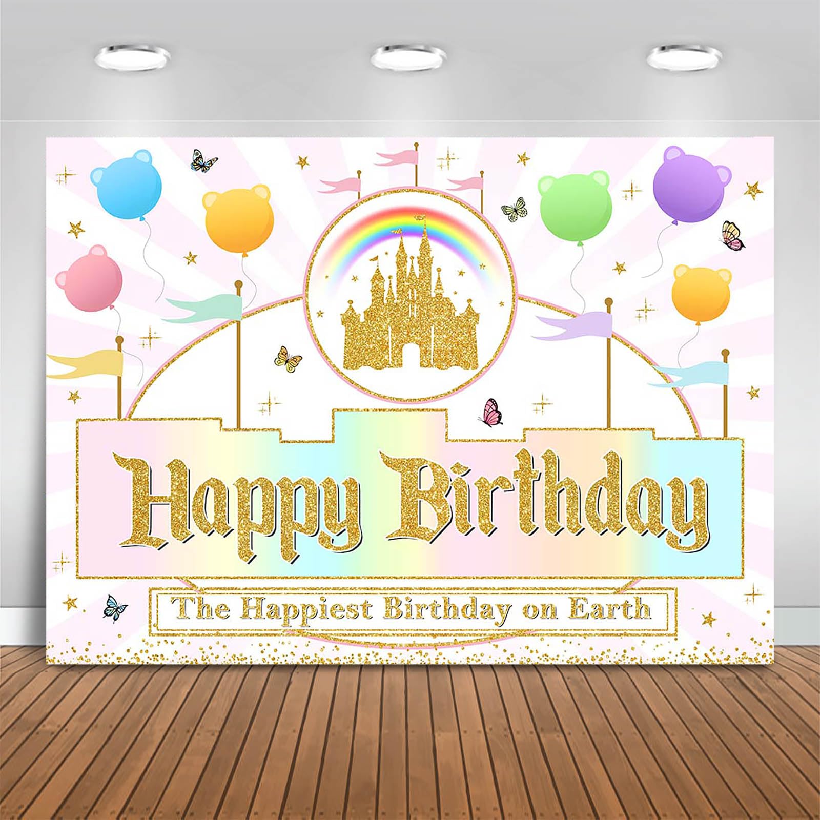 Fitumiw Princess Castle Birthday Backdrop 7x5ft Rainbow Stripes Happy Bday Party Decorations Background for Girls Happiest Birthday On Earth Banner