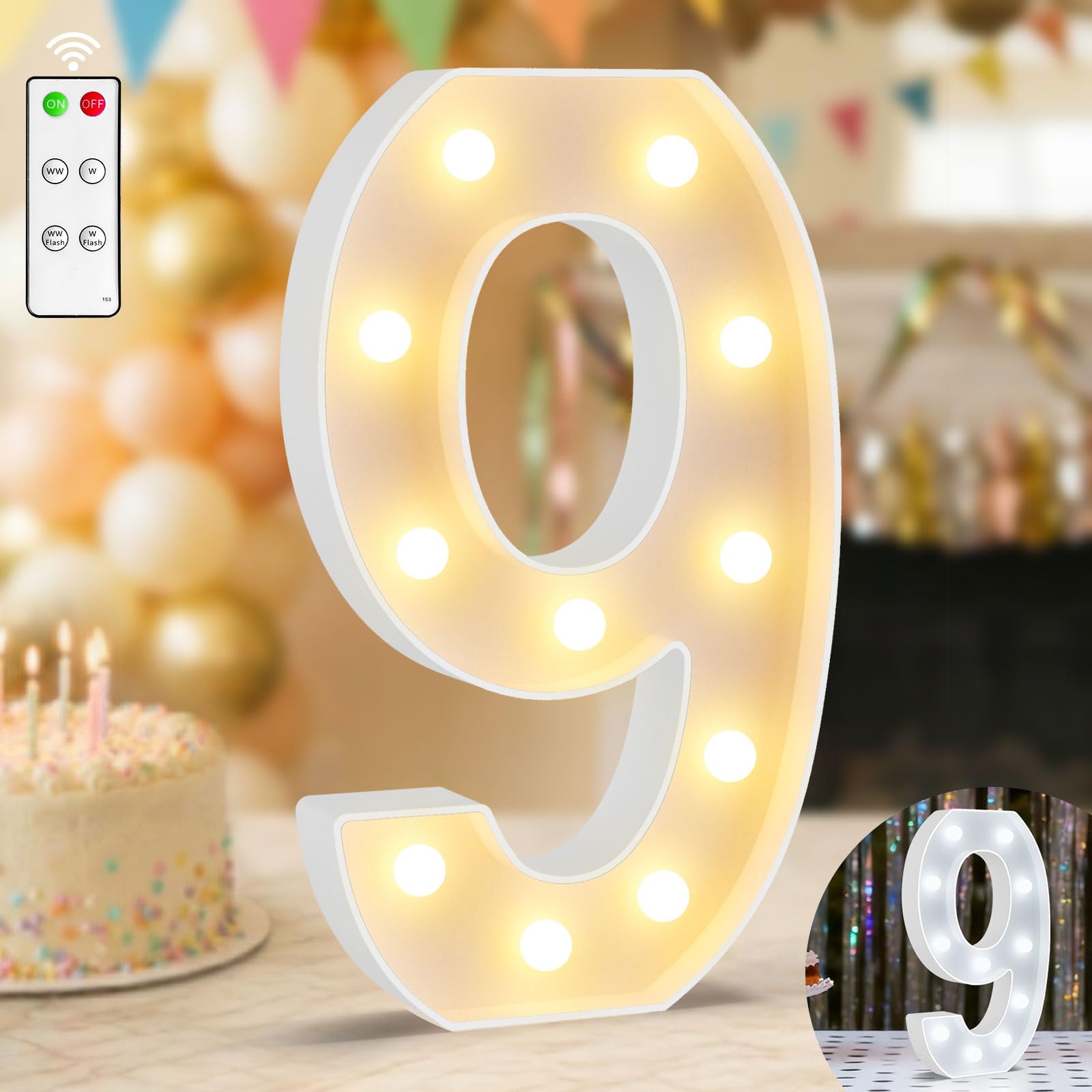 12.6 Inch Light Up Numbers, Warm White and Cool White Lighted Marquee Number with Remote, Birthday Decoration for Girls Boys, Marquee Numbers 9 Sign for Party Backdrop Wedding Anniversary Decor — image 1