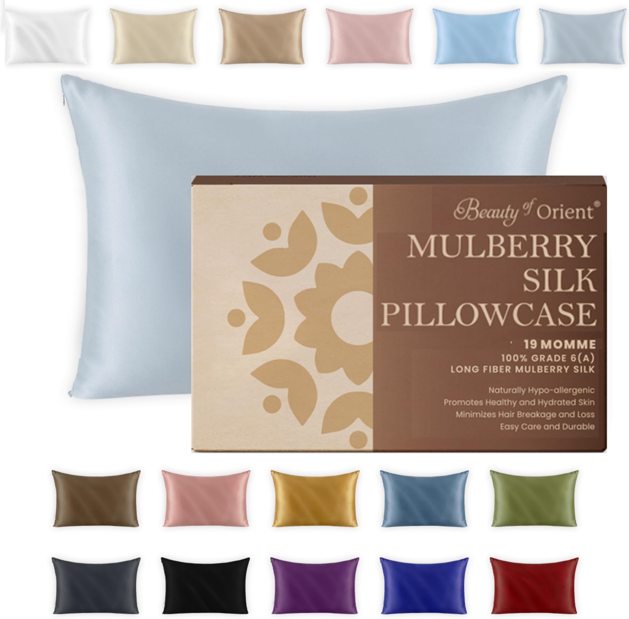 19 Momme Premium Mulberry Silk Pillowcase for Hair and Skin | Handcrafted Hypoallergenic & Anti-Acne 100% Silk Pillow Cases with Zipper | Queen - 20" x 30", Silver Lining