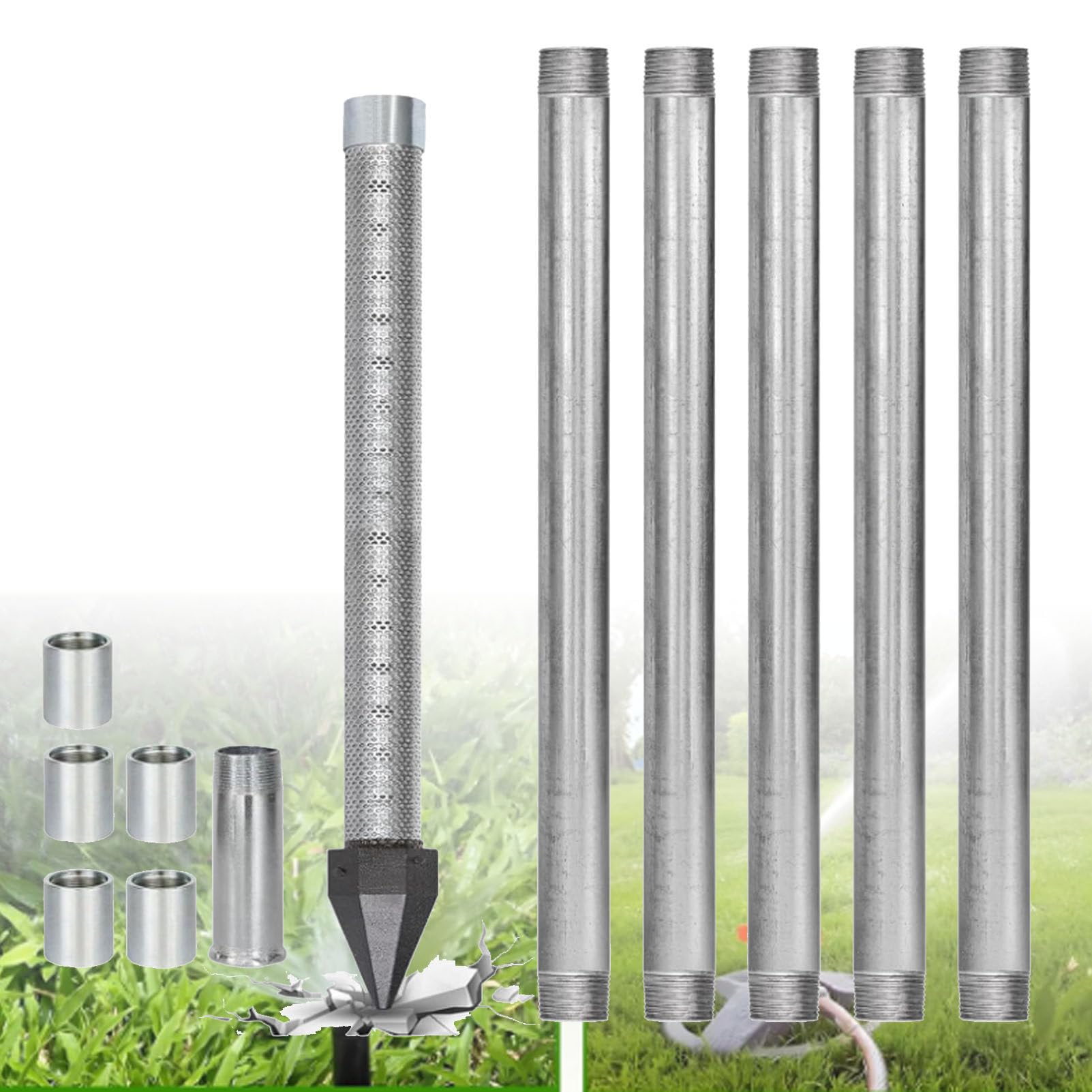 Cashwise Heavy Duty Sand Point Well Kit, Professional 1-1/4 Stainless Steel Drive Point Well Kit, 36-inch sand point well, 60 Mesh Screen, Galvanized Drive Pipes and Couplings for Soil 5+1Kit