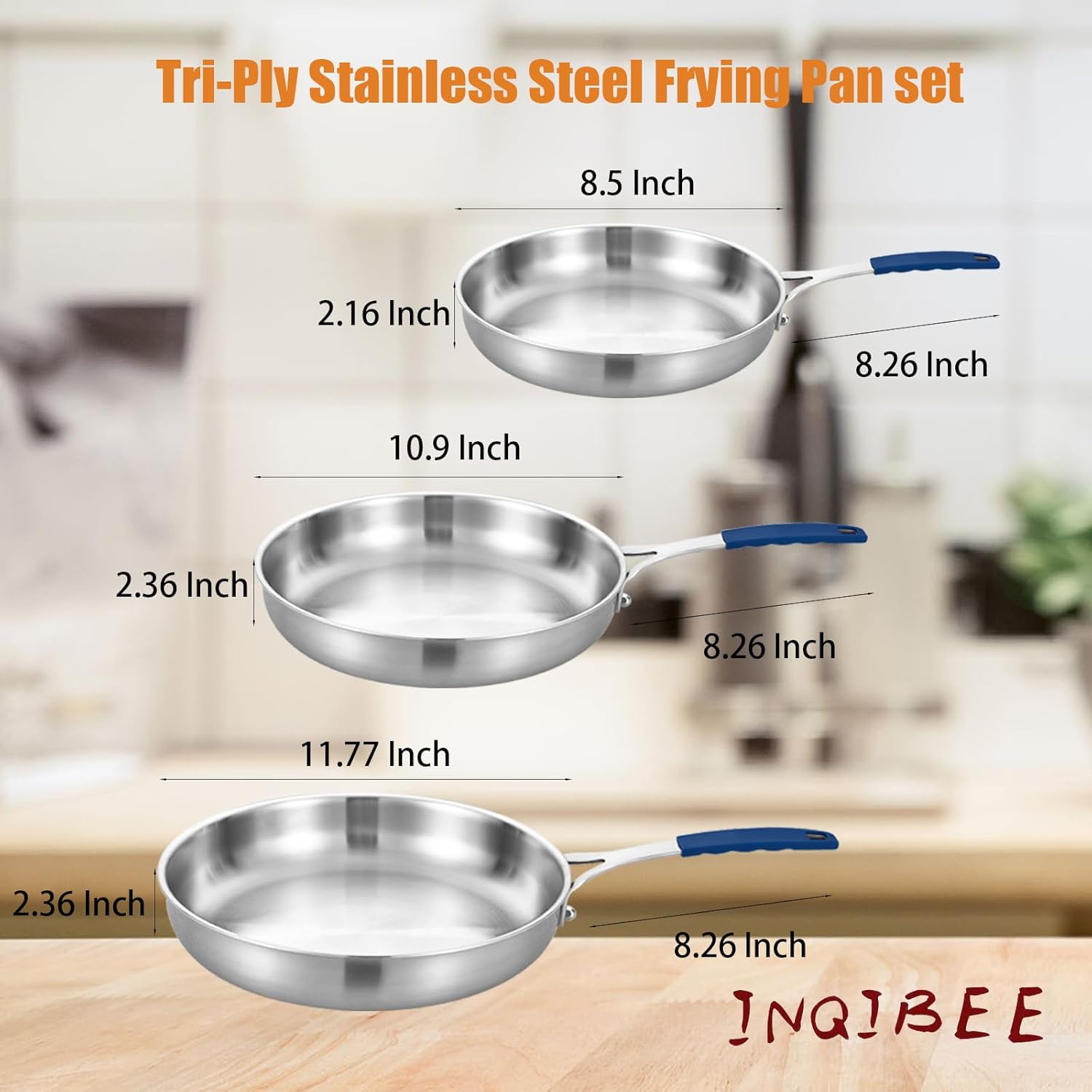 Inqibee 8.5-10-12 Inch Tri-Ply Stainless Steel Frying Pan set of 3 with a Lid,Skillets,Induction Cooking Pans,Pots and Pans Set,Oven and Dishwasher Safe,Detachable Handle. - Image 6