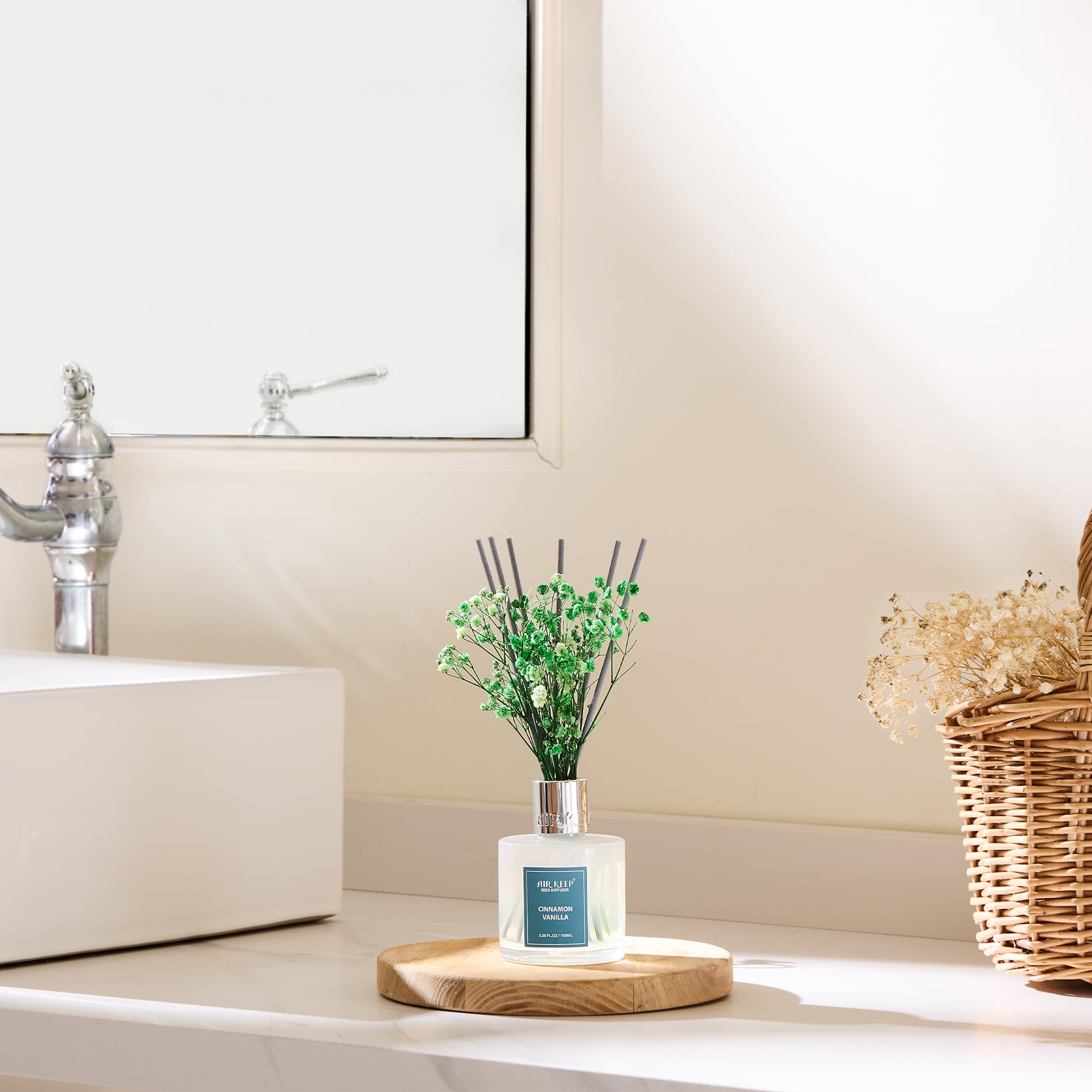Airkeep Schilfrohr-Diffusor-Set, 100 ml, Zimt-Vanilleöl-Diffusoren mit 8 Schilfrohrstäbchen, Raumduft, Schilfrohr-Diffusor für Badezimmer-Regal-Dekor