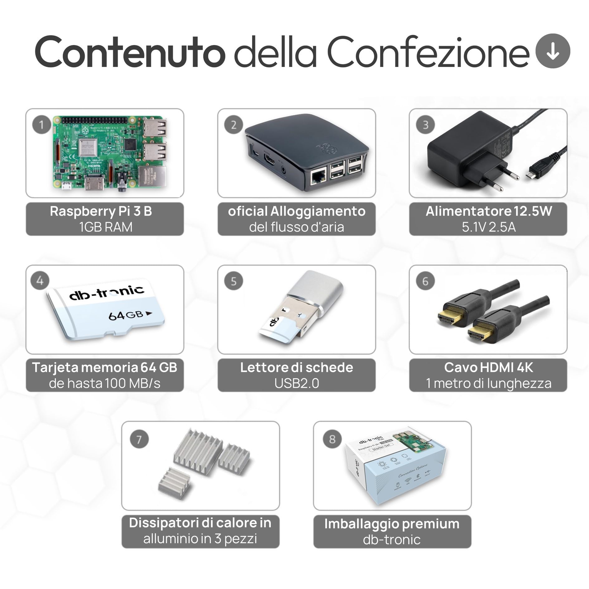 db-tronic Raspberry Pi 3 B 1 GB Starter Kit | 64 GB | Alimentatore | Alloggiamento | cavo HDMI 1 m | Lettore USB | Dissipatori | ideale per Home Assistant e la smart home