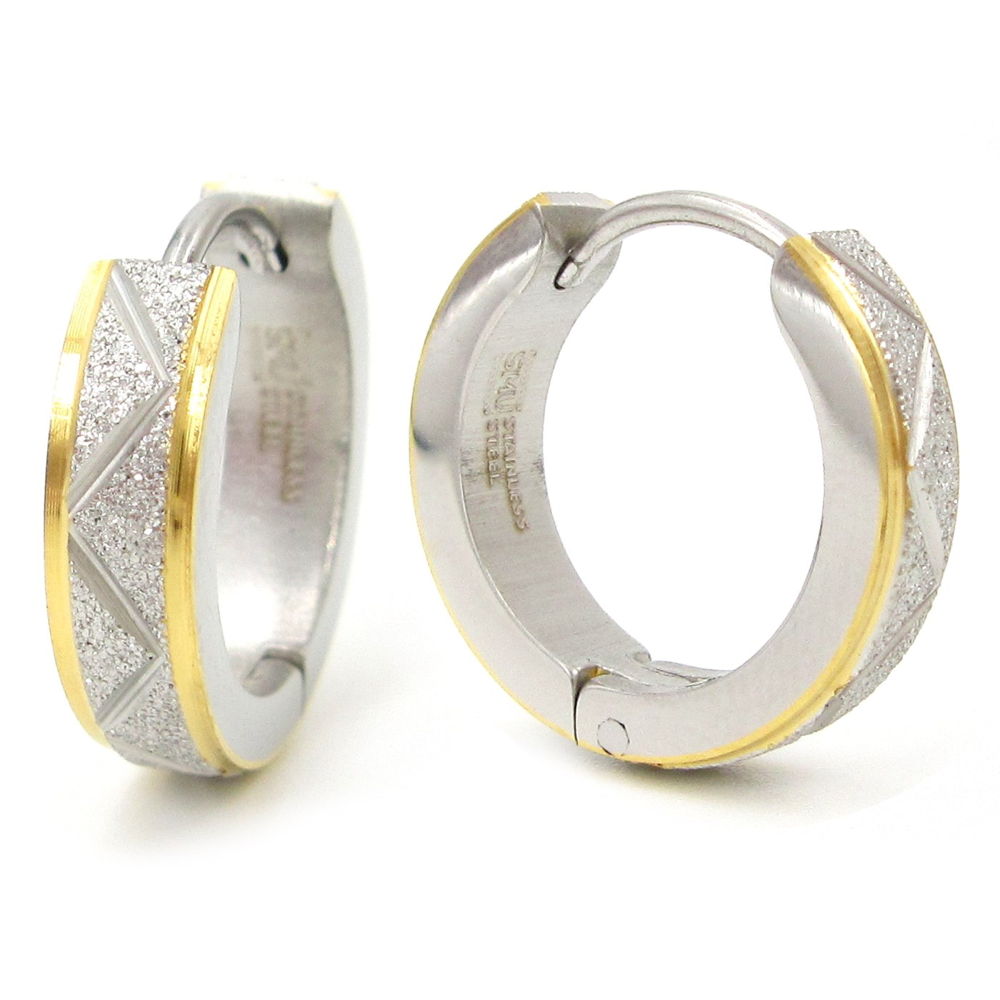 Stainless Steel Mens Hoop Earrings Zig Zag Stripe Gold-tone Black Bevel Edge