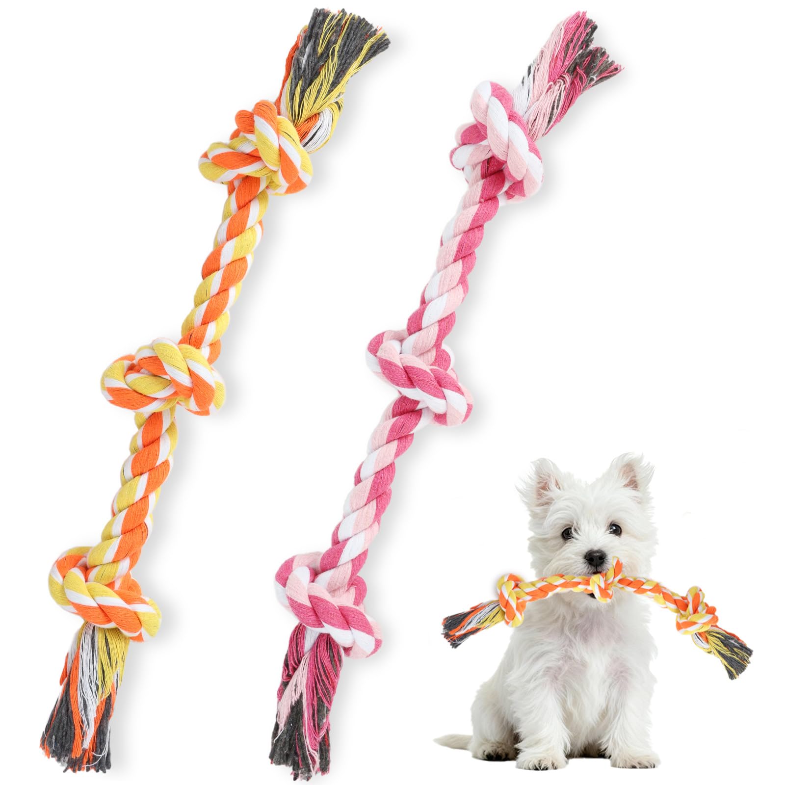 SZEE 2Pcs Dog Rope Toy for Small Breeds, 14 in 3 Knots Chew Rope Toys for Dogs, Pull Toy for Tug of War, Energy Release, Boredom Relief and Teeth Cleaning (Pink & Orange)