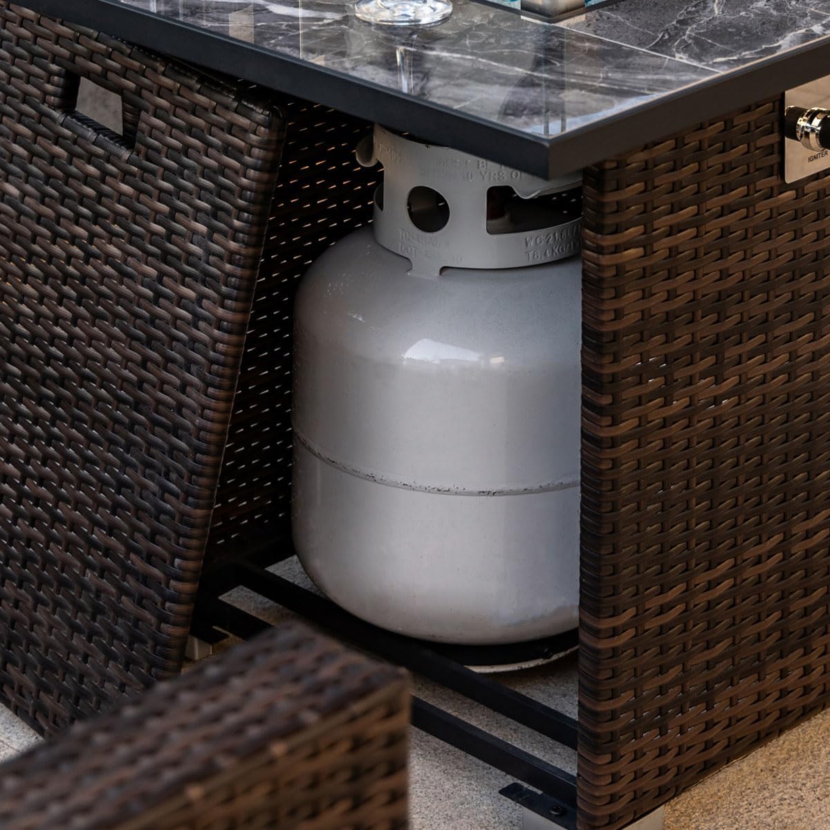 30'' Propane Fire Pit Table, Marble Textured Ceramic Tabletop, 50,000 BTU Fire Table with Brown Wicker, Mix Color Glass Rocks, Including Lid&Cover, Square