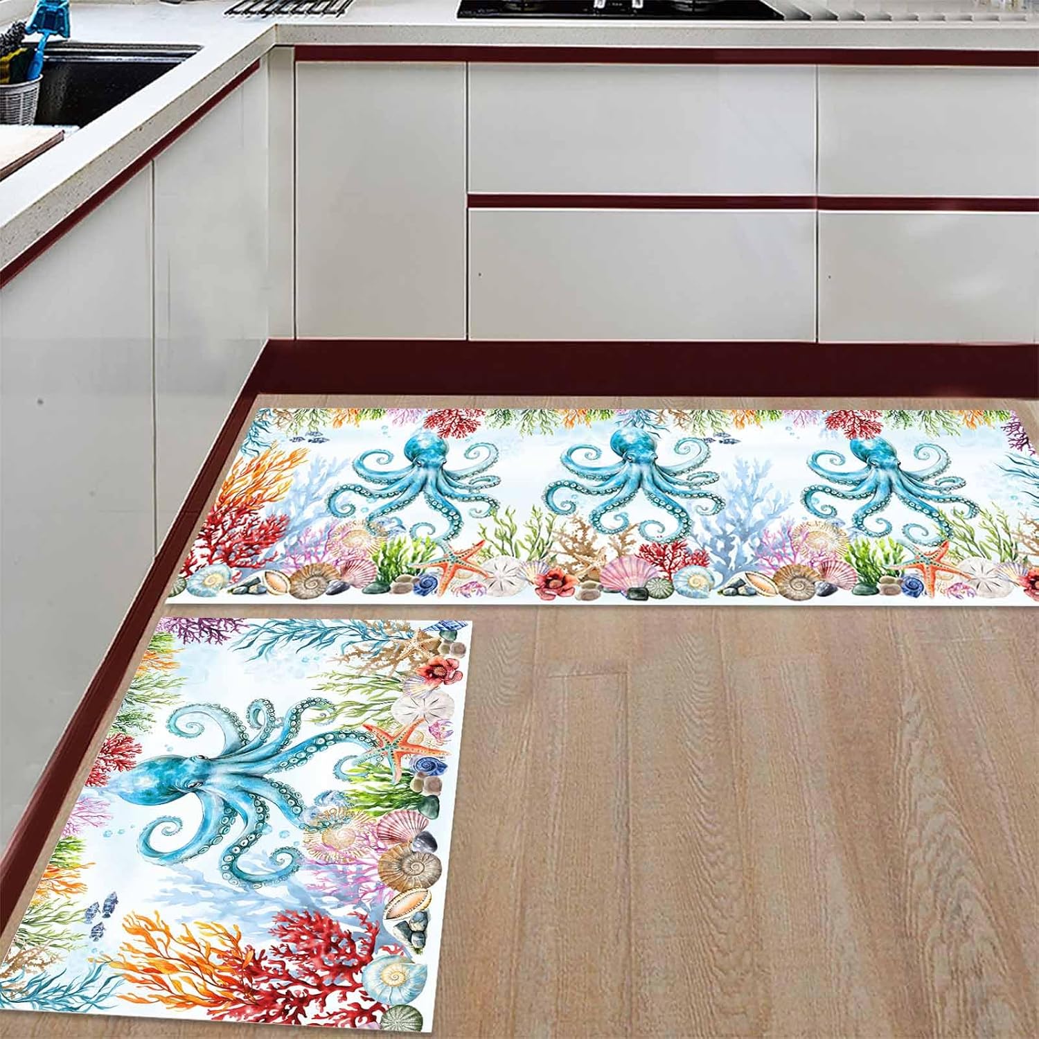 2 Pieces Kitchen Rugs and Mats,Vintage Coastal Blue Octopus Coral Area Runner Rug Set Non Slip Floor Doormat Washable Carpet Standing Mat for Kitchen Sink Indoor Corridor,Ocean Starfish Shell Fish
