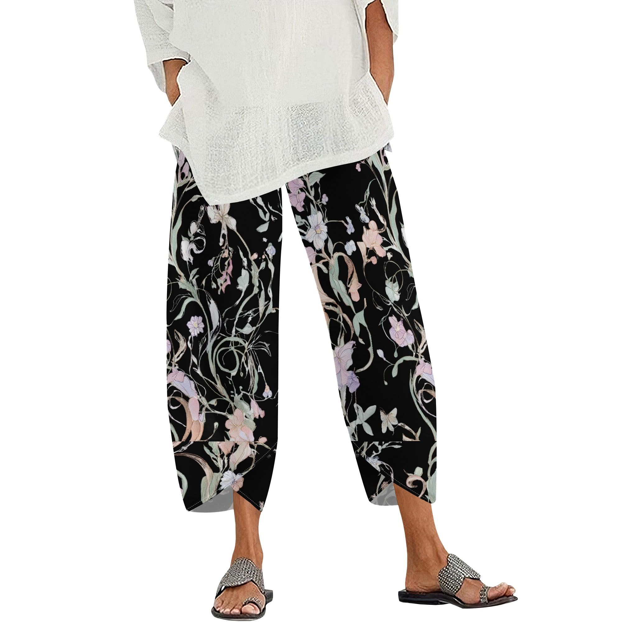 LIZALIG Womens Cotton Linen Wide Leg Pants Botanical Print Loose Fit Cropped Summer Lounge Trousers with Elastic Waist