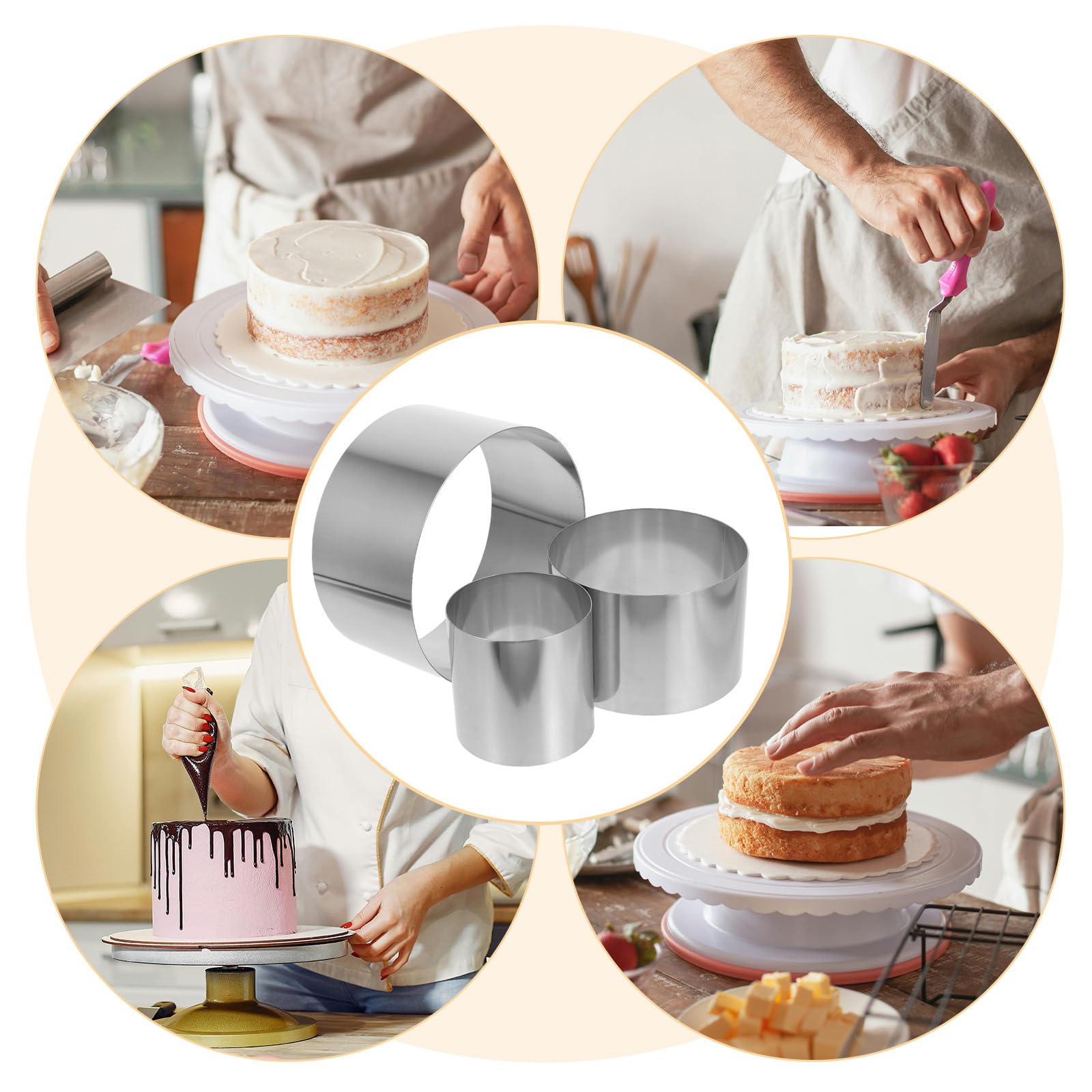 IMIKEYA Molde Redondo de Acero Inoxidable para Repostería, 3 Piezas Altura de 10cm, Fácil de Usar y Versátil para Fiestas de Cumpleaños y Bodas