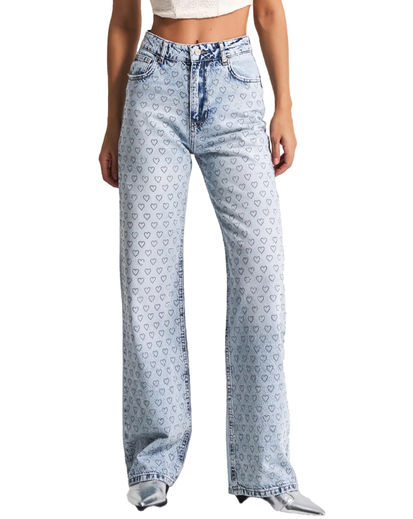 Wide Leg Jeans for Women Heart Print High Waisted Stretchy Denim Pants Y2k Cute Baggy Trouser Jean Pants with Pockets