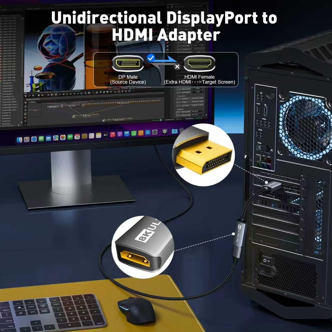 Adaptateur DisplayPort 1.4 vers HDMI 2.1 8K @ 60 Hz/4K @ 120 Hz unidirectionnel DP mâle vers HDMI femelle convertisseur adaptateur de port d'affichage pour AMD, NVIAID, non compatible PS5/Xbox