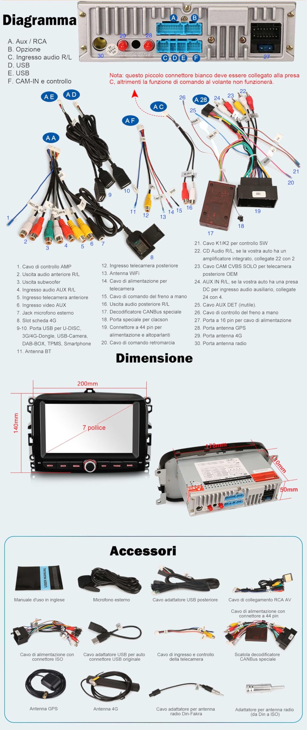 Erisin Android 16 8-Core 4GB+64GB Autoradio per Fiat 500L 2012-2016 7 pollici IPS Schermo tattile Supporto GPS Navigatore Wireless Radio CarPlay Android Auto WiFi DAB+ Bluetooth 5.0 DSP Canbus OBD2
