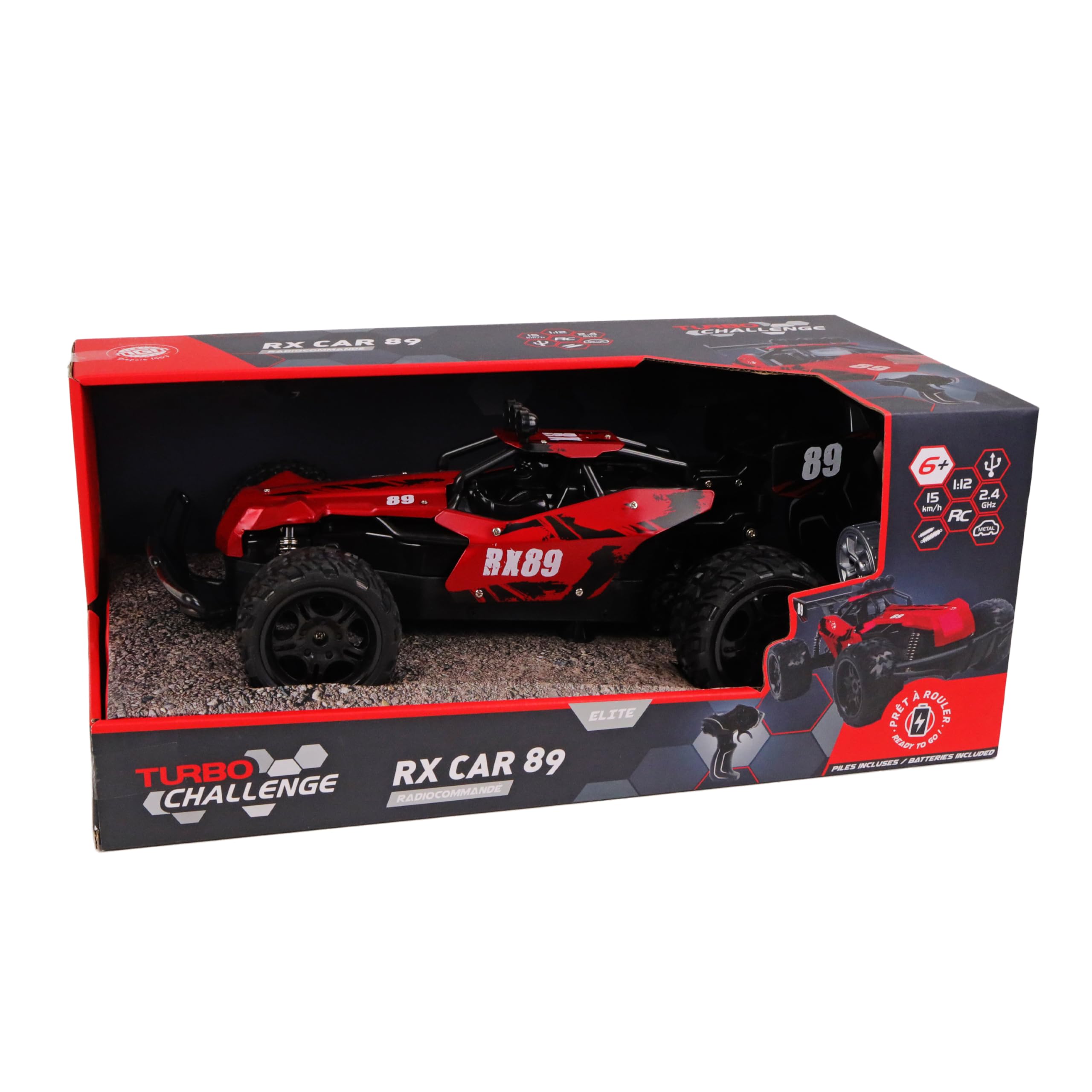 TURBO CHALLENGE - Coche RX 89 - Fundido a presión - 093721 - Coche teledirigido - Rojo - 1/12 - Listo para Usar - Batería Recargable y Pilas Incluidas - Metal - A Partir de 6 años