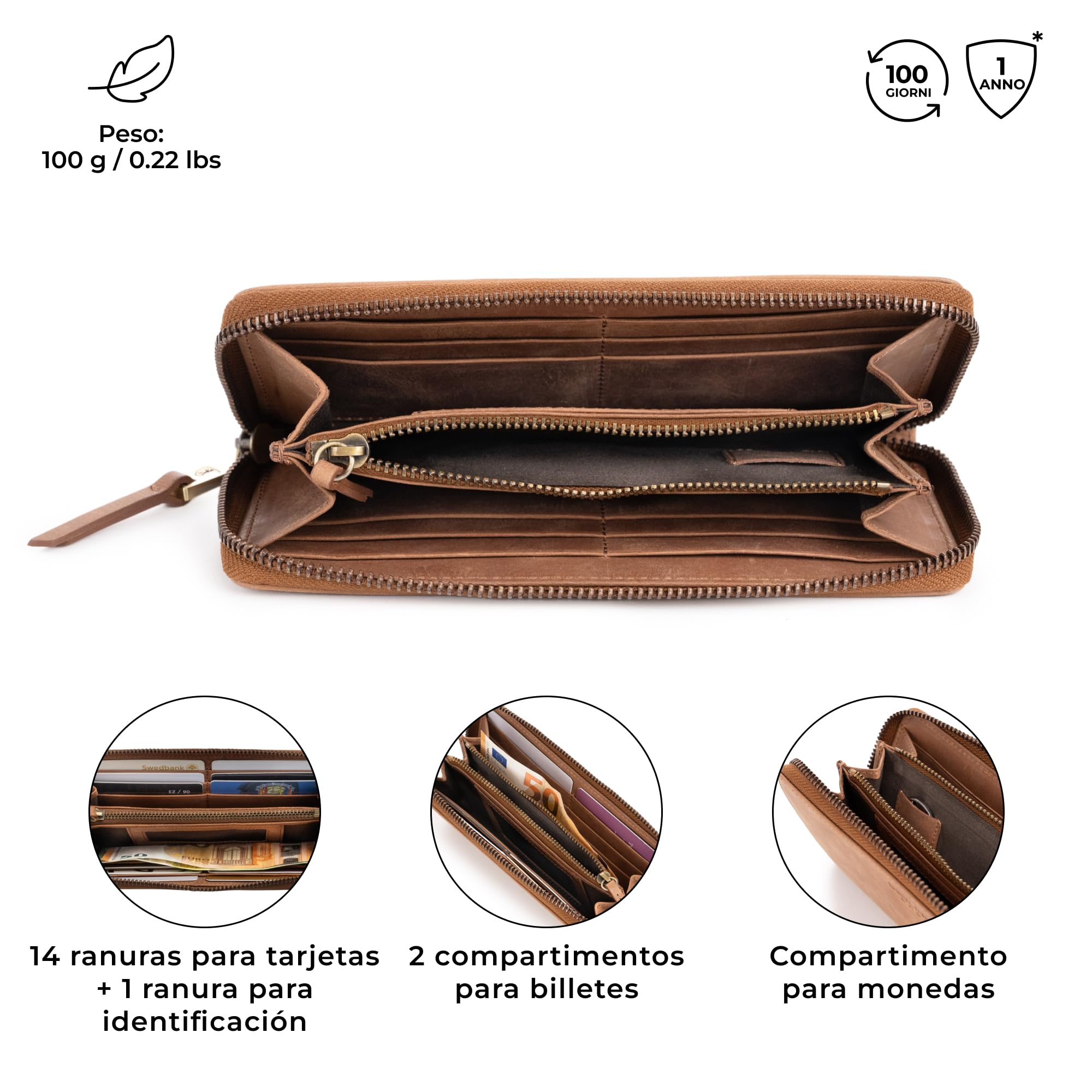 Berliner Bags Palma Vintage Cartera Grande Mujer Piel Auténtica Tarjetero