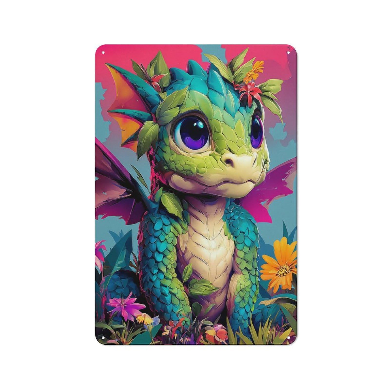 Junmoney Fantasy Dragon In A Garden Of Flowers Vintage Metal Plaque 30X20cm For Café Or Restaurant, A Decorative Gift For A Newly Furnished Café And Restaurant