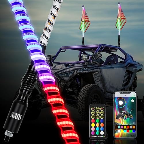 2 luces LED de látigo de 3 pies con base magnética y base de resorte, Bluetooth y control remoto RGB en espiral de 360, persecución de advertencia