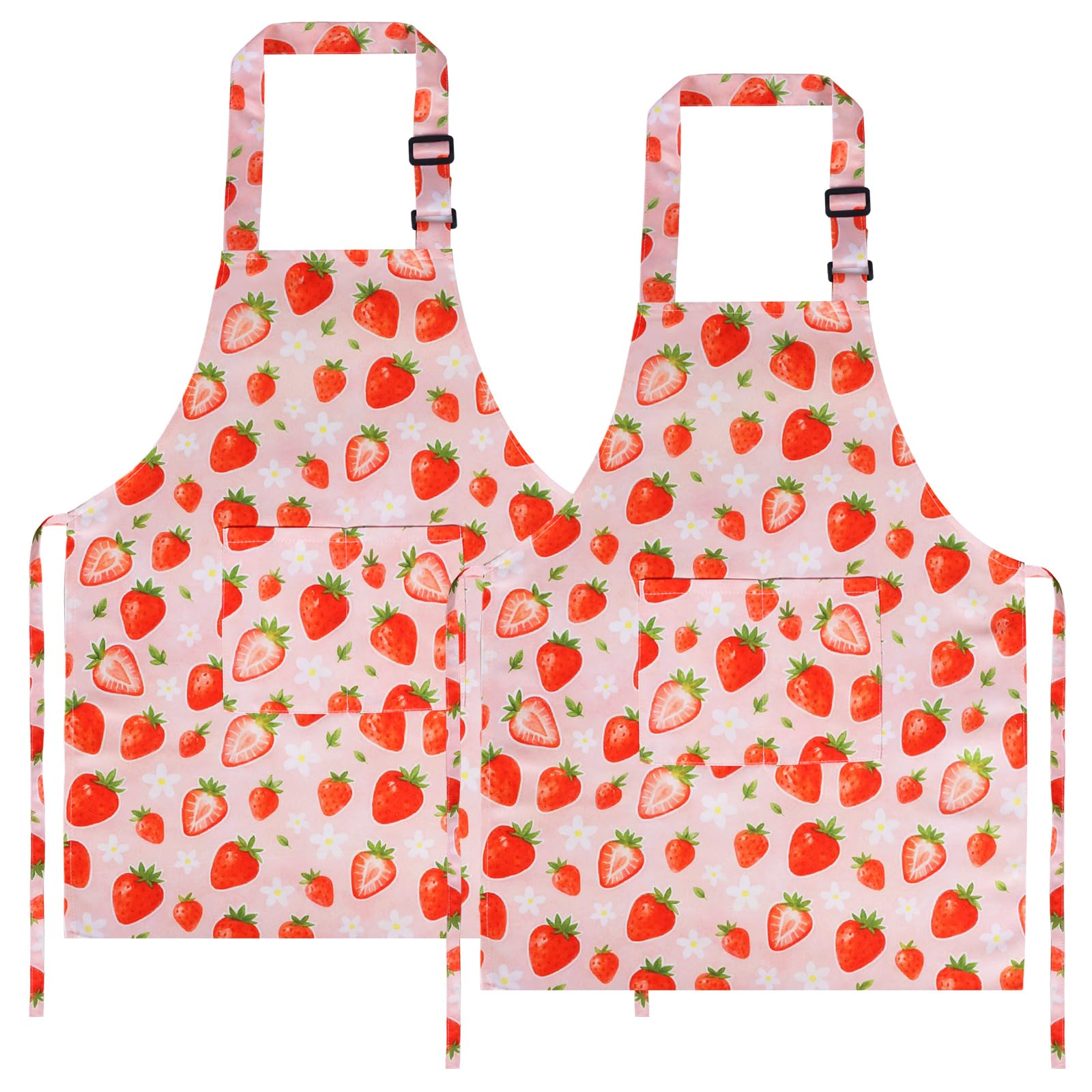 DASHUAIGE 2 Pack Children's Strawberry Aprons, Kids Art Smocks with Pockets for Baking Painting and Craft Activities