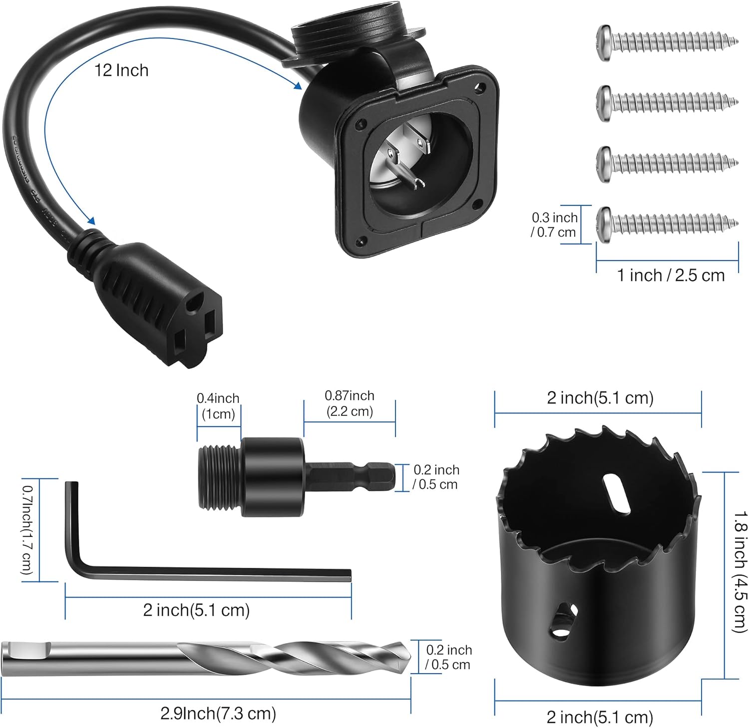15 Amp AC Port Plug, ETL Listed Power Inlet Socket 125 Volt with 2 Inch Hole Saw Bi-Metal Hole Saw Twist Drill Bit, L Hex Wrench Waterproof Electrical Outlet Receptacle Box for Outdoor RV Travel : Automotive
