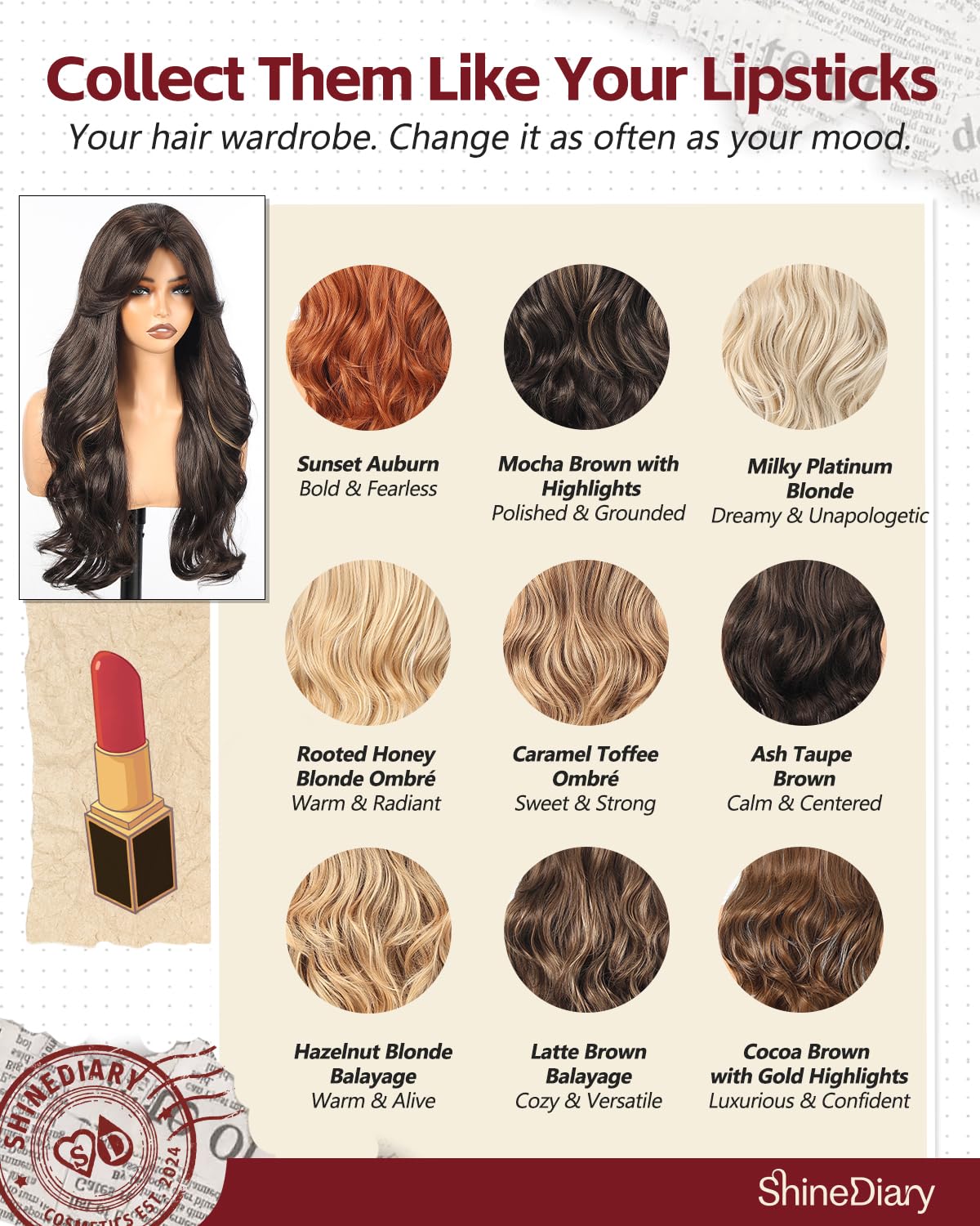 Mocha Brown with Highlights Wig With Bangs Long Wavy PuffPro Voluminous High Crown Wigs for Women,4x4'' Parting Realistic Scalp,Mob Wife Aesthetic/Clean Girl/Office Siren/Old Money Style