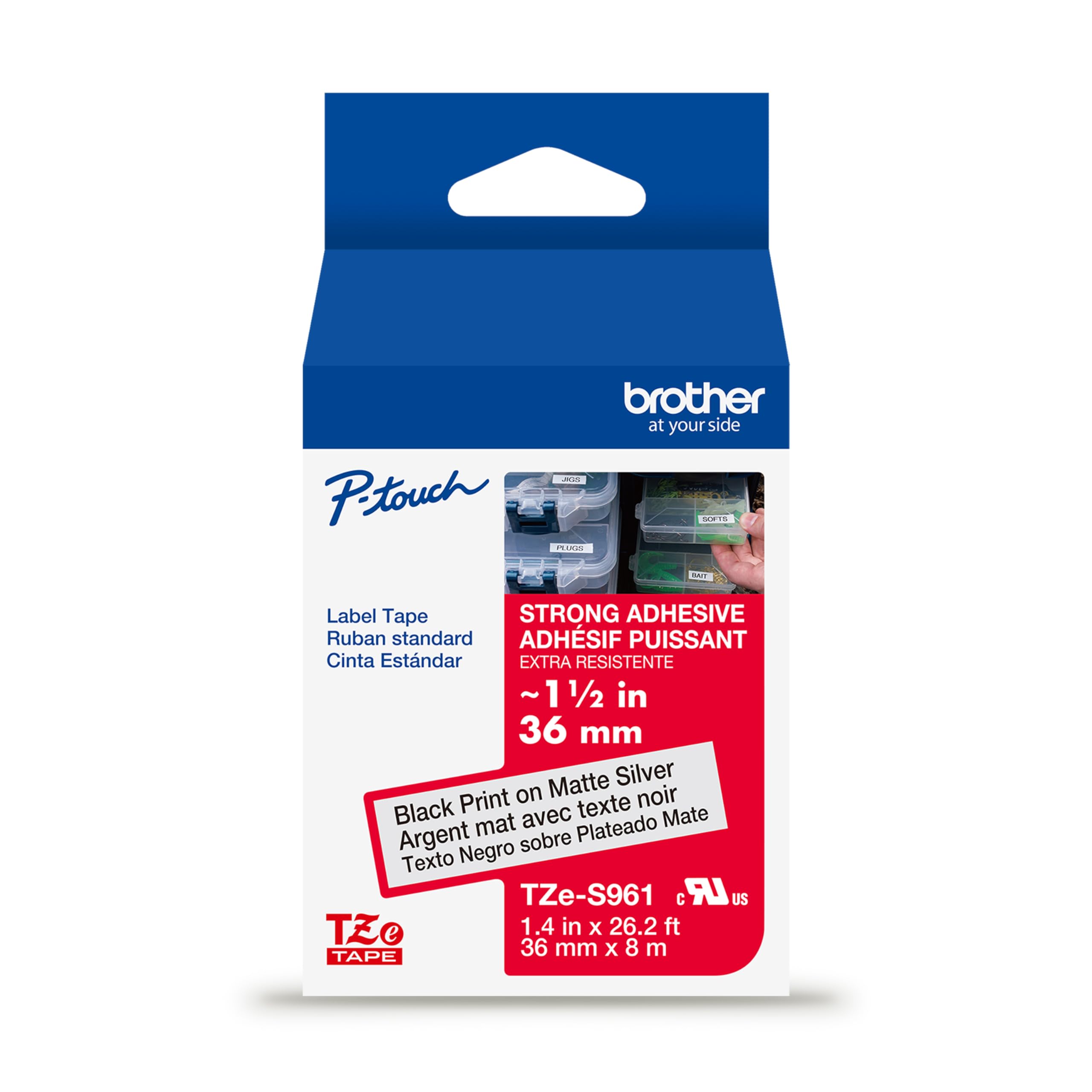 Brother Cinta de etiquetas de plata mate P-Touch TZe con impresión negra auténtica (TZeS961), adhesivo fuerte laminado, 1-1/2 pulg