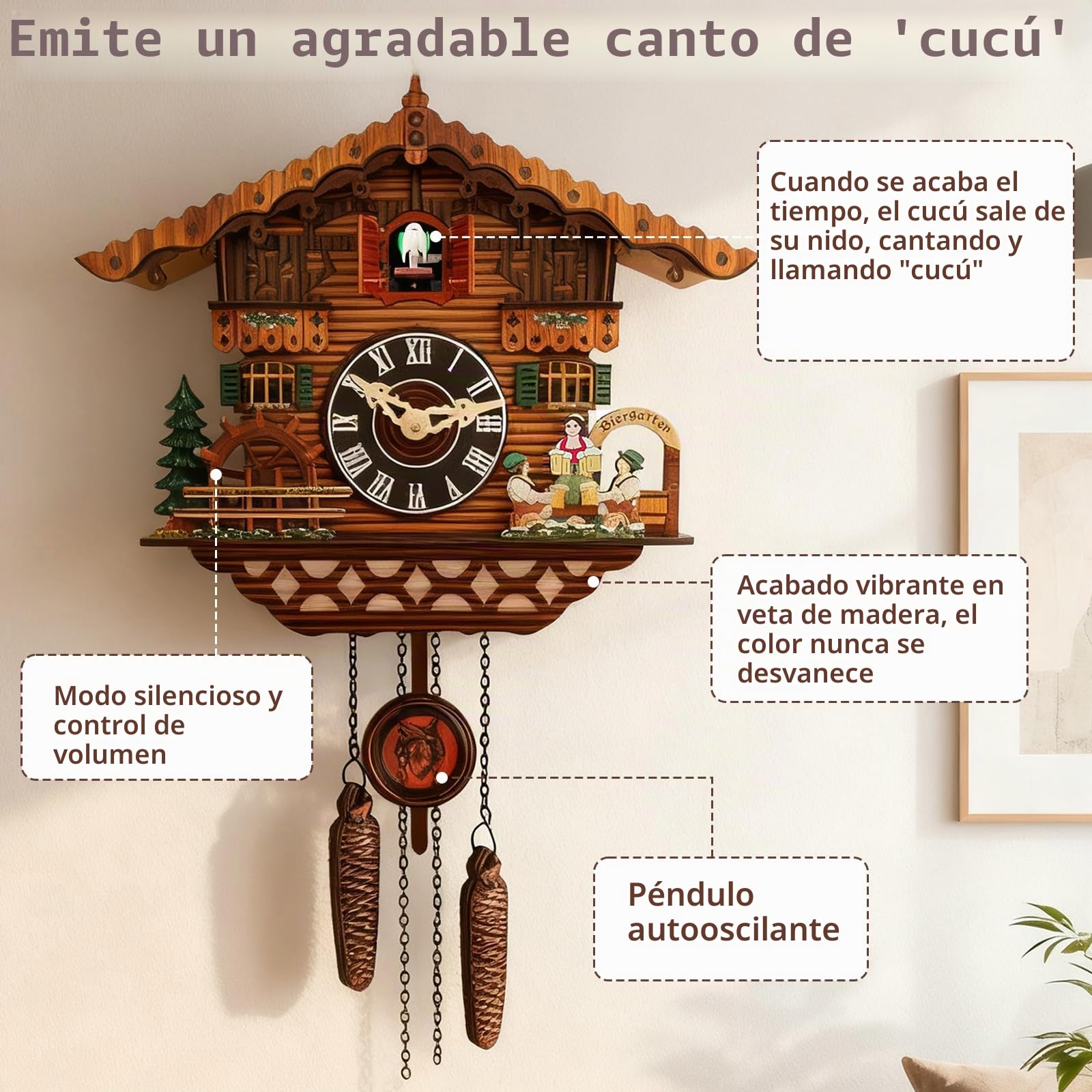 Reloj de cuco, reloj de cuco de madera artesanal con pájaro funcional, reloj de pared con control de volumen, reloj de cuarzo tradicional y antiguo para decoración de sala de estar, cocina