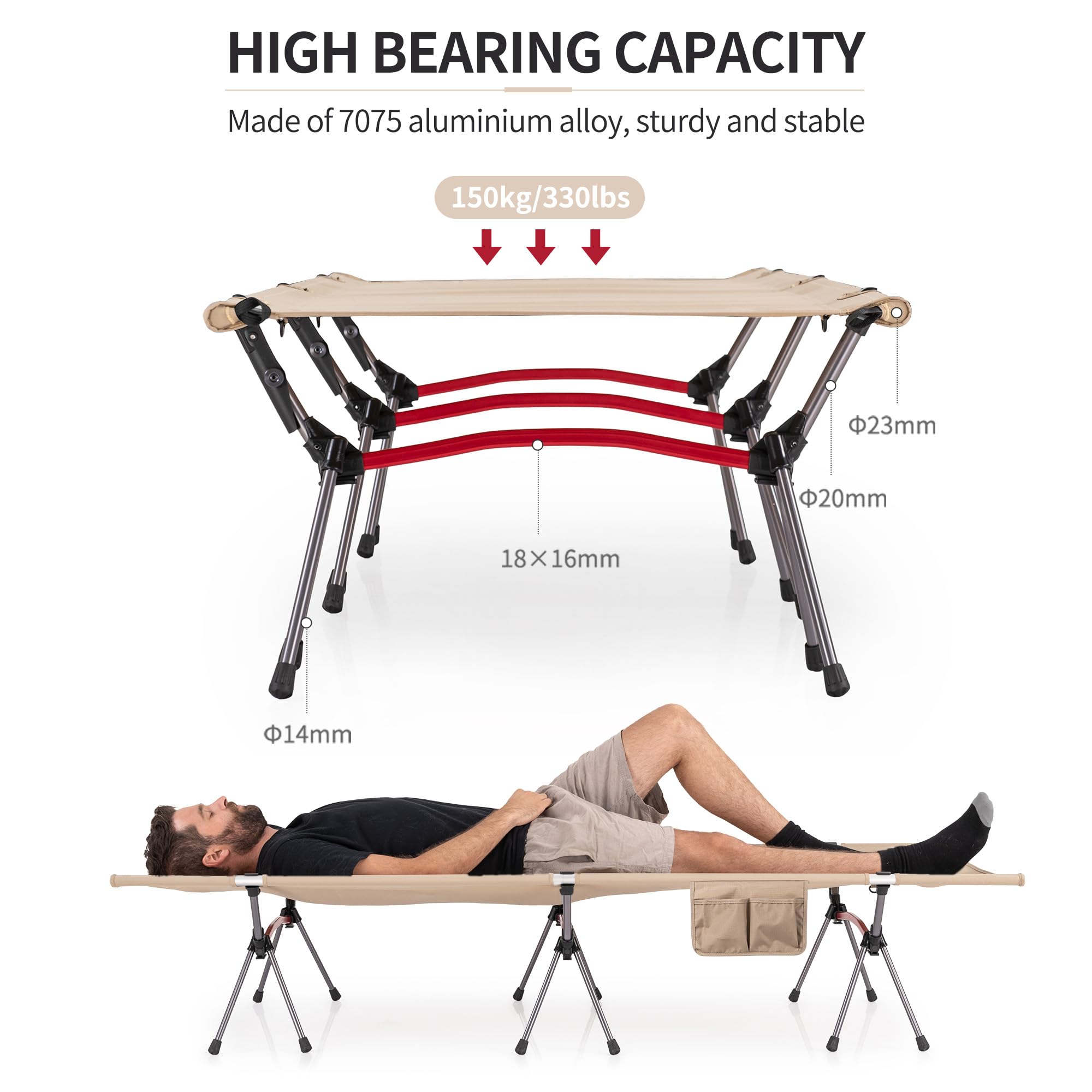 Naturehike - Cama de camping ultraligera, capacidad de carga de 150 kg, altura ajustable, plegable, portátil, ideal para camping, oficina o uso de invitados
