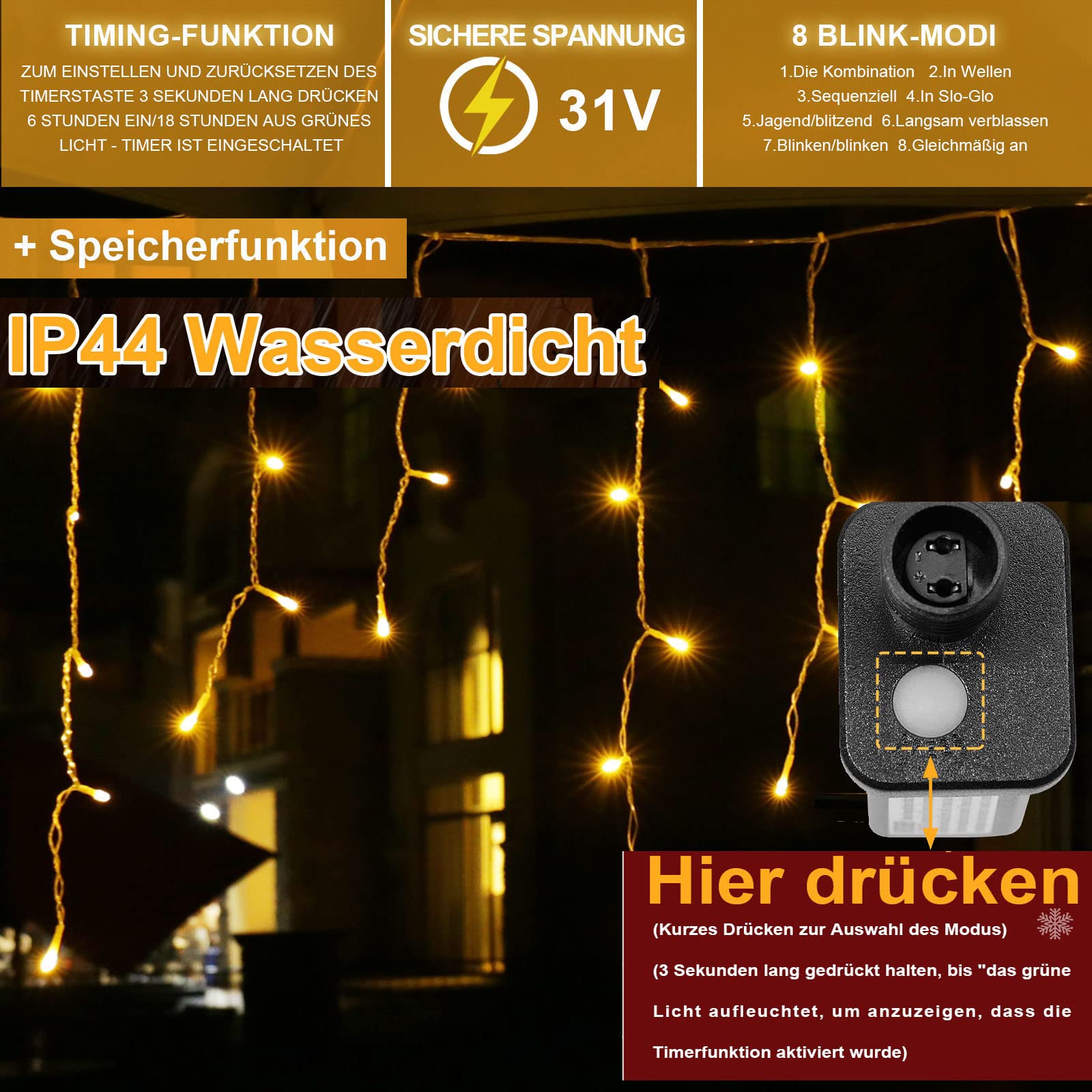 Rosnek Eisregen Lichterkette, 15M Außen Wasserdicht, 600LEDs mit Speicherfunktion, 8-Modi & Timer, Eiszapfen Lichterkette Weihnachtsbeleuchtung für Traufe, Pavillons, Balkon, Geländer