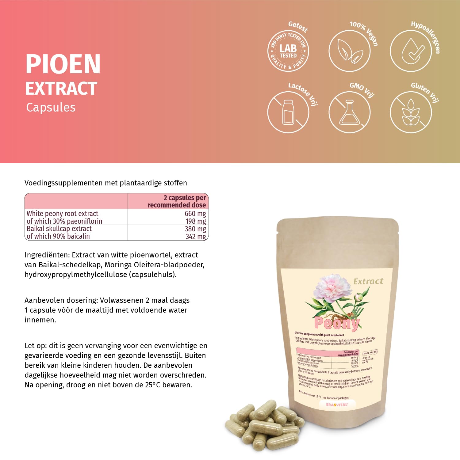 Extractos de peonía y Baikal Helmkraut con cápsulas Moringa Oleifera veganas (180 unidades (1 unidad)