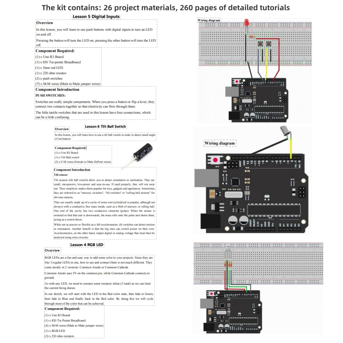 Kit de aprendizaje mejorado para Arduino UNO R3, incluye tutoriales y placa de desarrollo UNO R3 compatible con Arduino IDE, módulo de sensor, 26 materiales de proyecto, 260 páginas de tutoriales